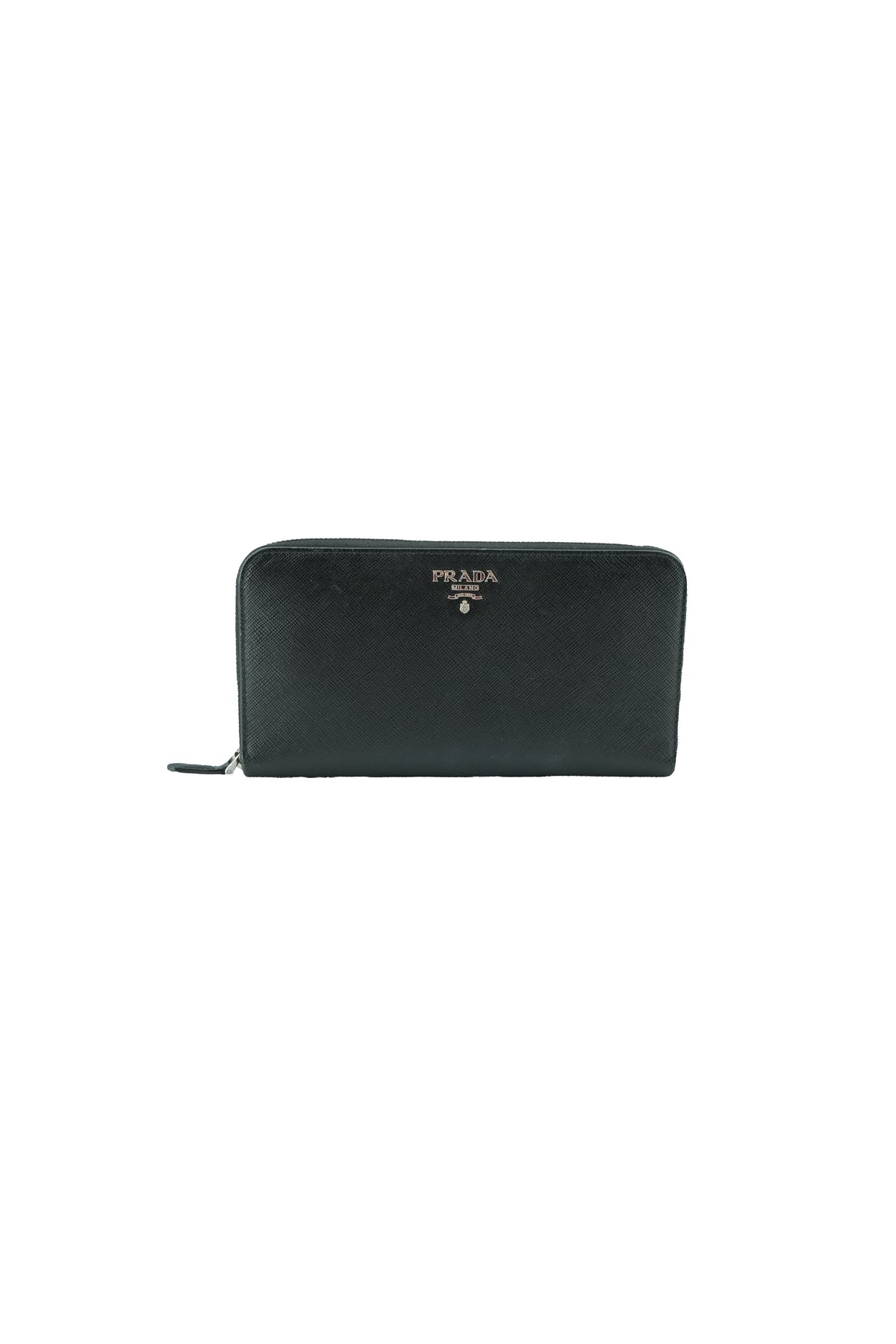 Prada black leather saffiano leather zip around 42