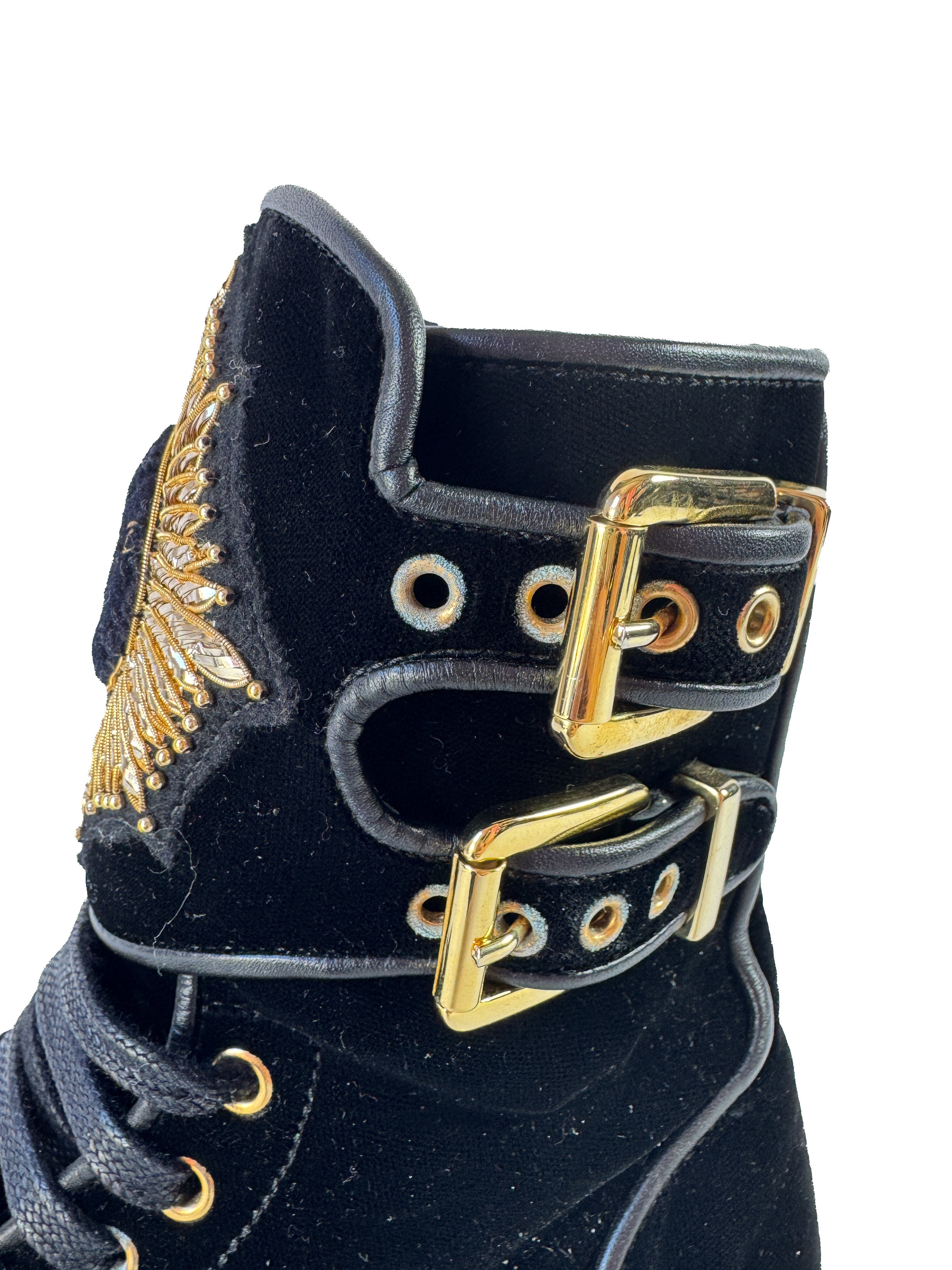 Balmain black velvet embellished combat boots size 38