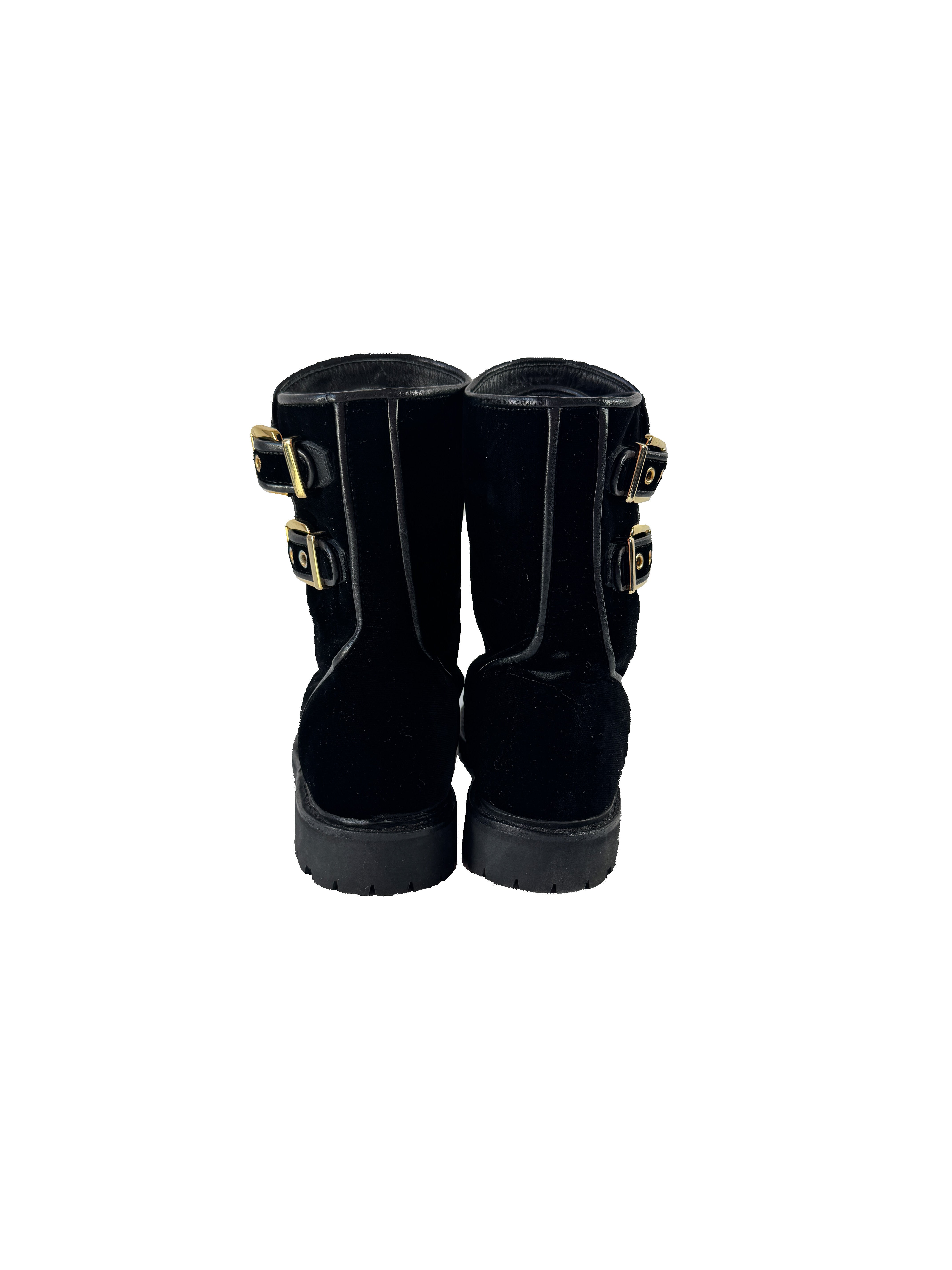 Balmain black velvet embellished combat boots size 38