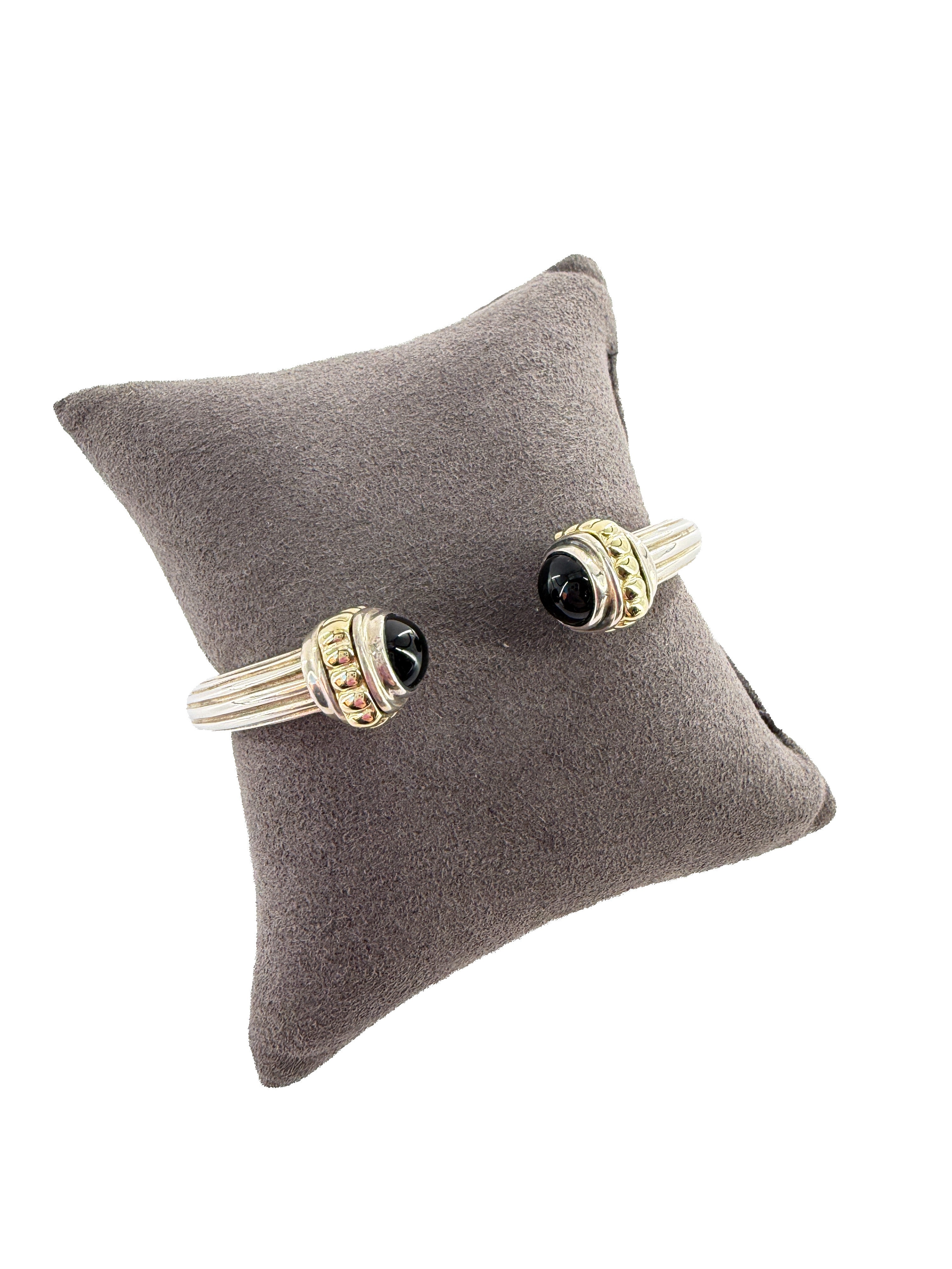 Lagos sterling silver, 18k gold, black onyx hinged cuff bracelet