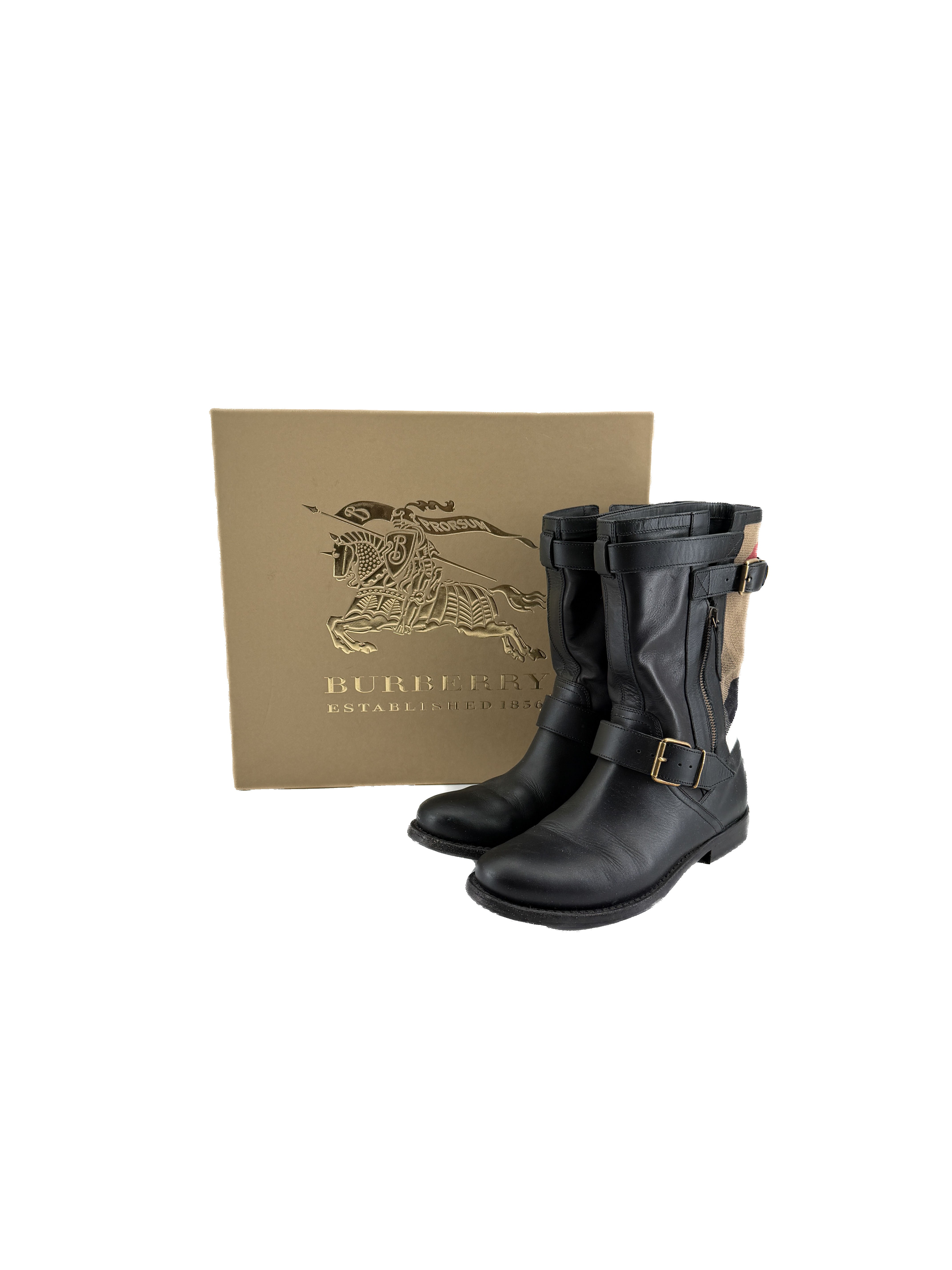 Burberry black leather Grantville check boots size 38 BOX