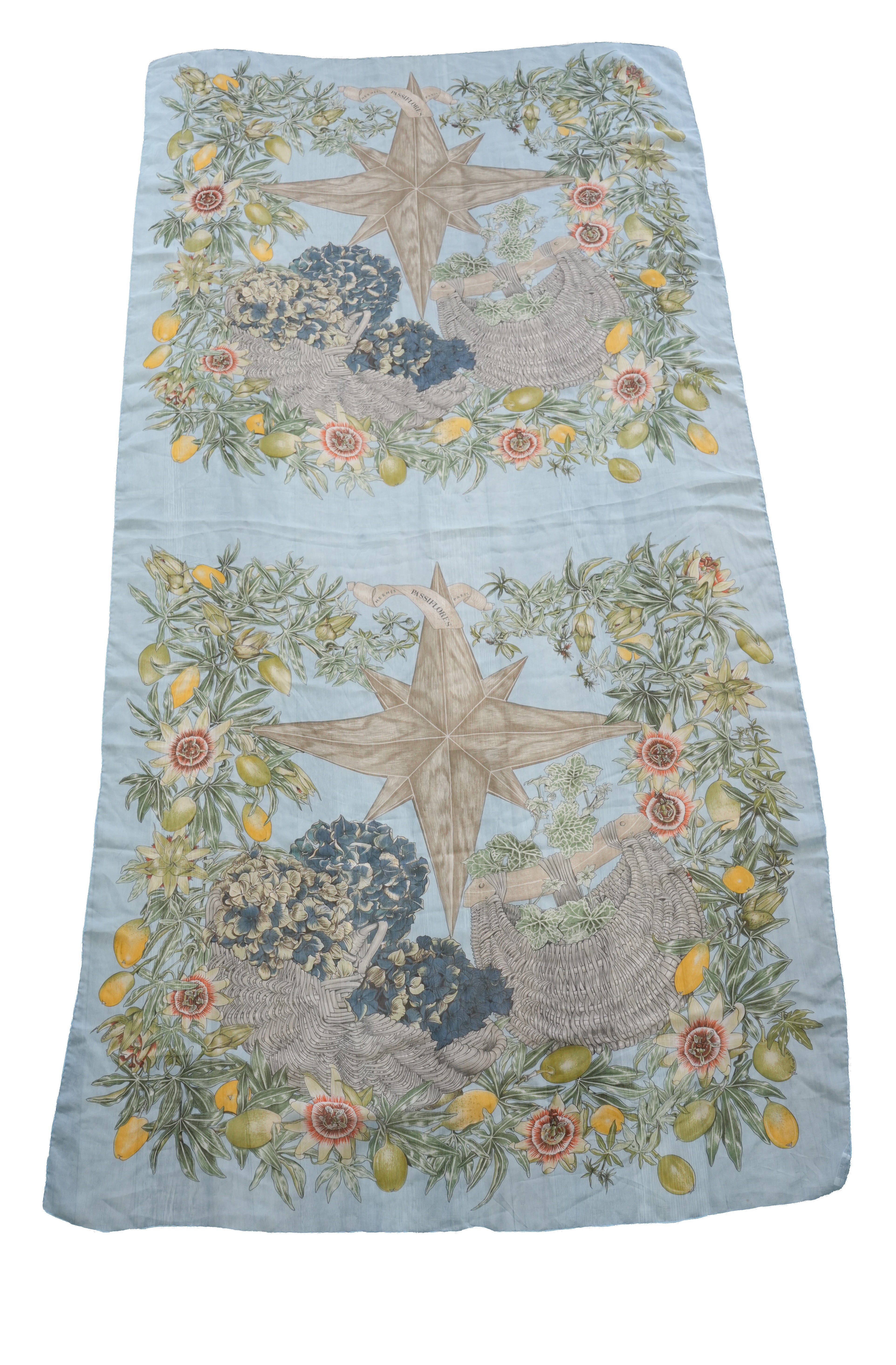 Hermès blue silk Passiflores oblong mousseline shawl