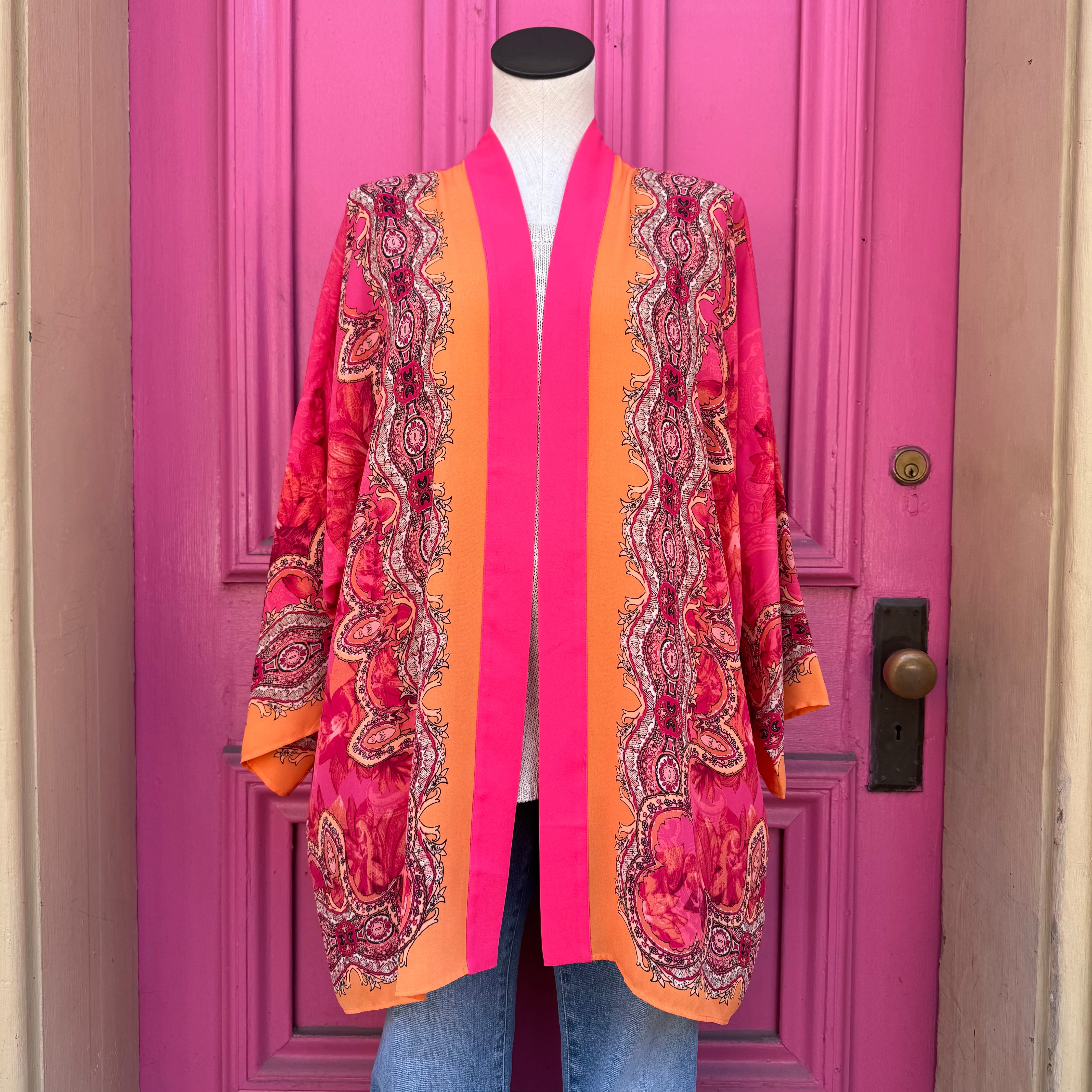 Chico’s pink orange print sheer cardigan size L/XL NWT