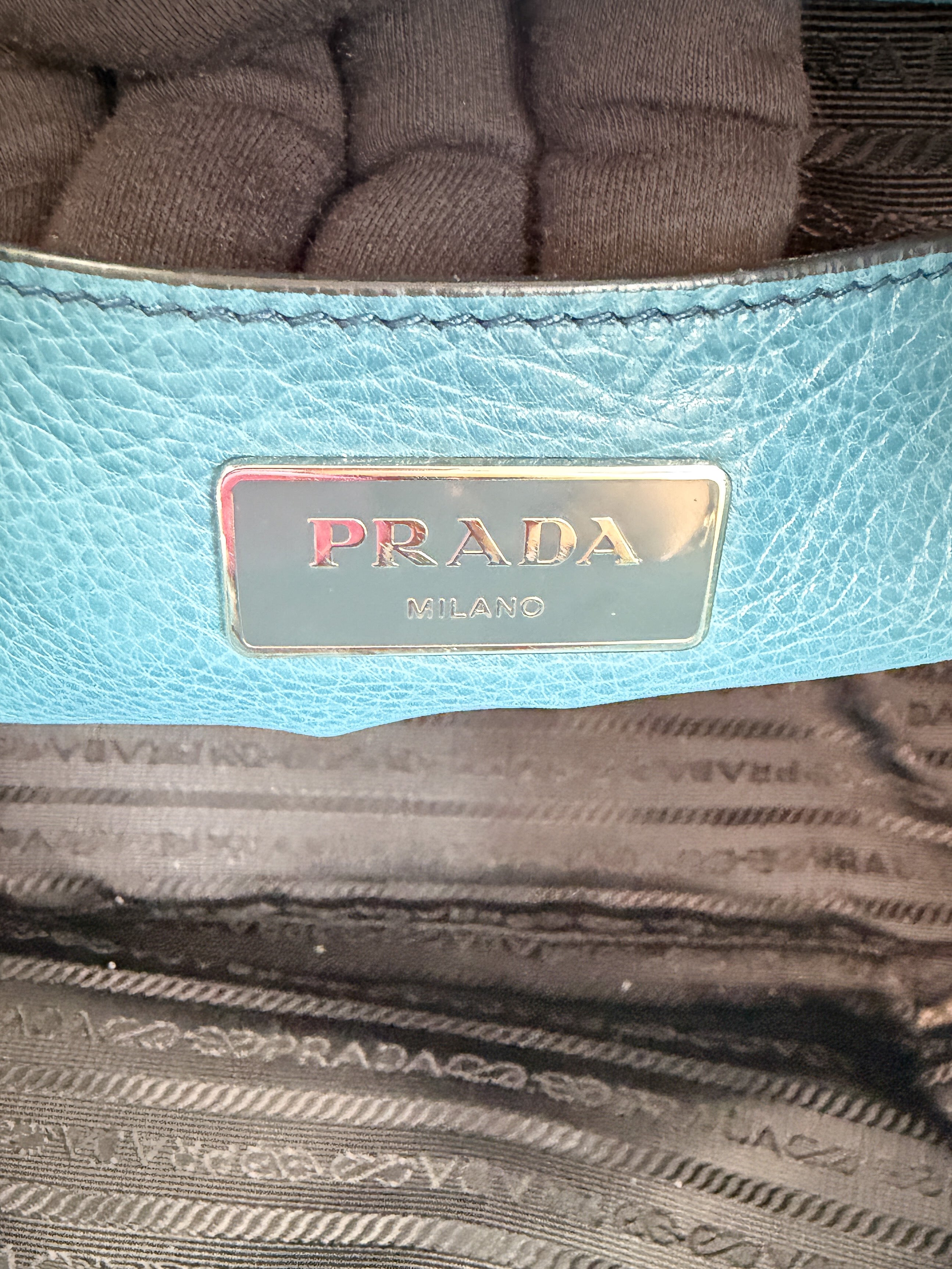 Prada teal twin pocket Glace leather tote 14/O