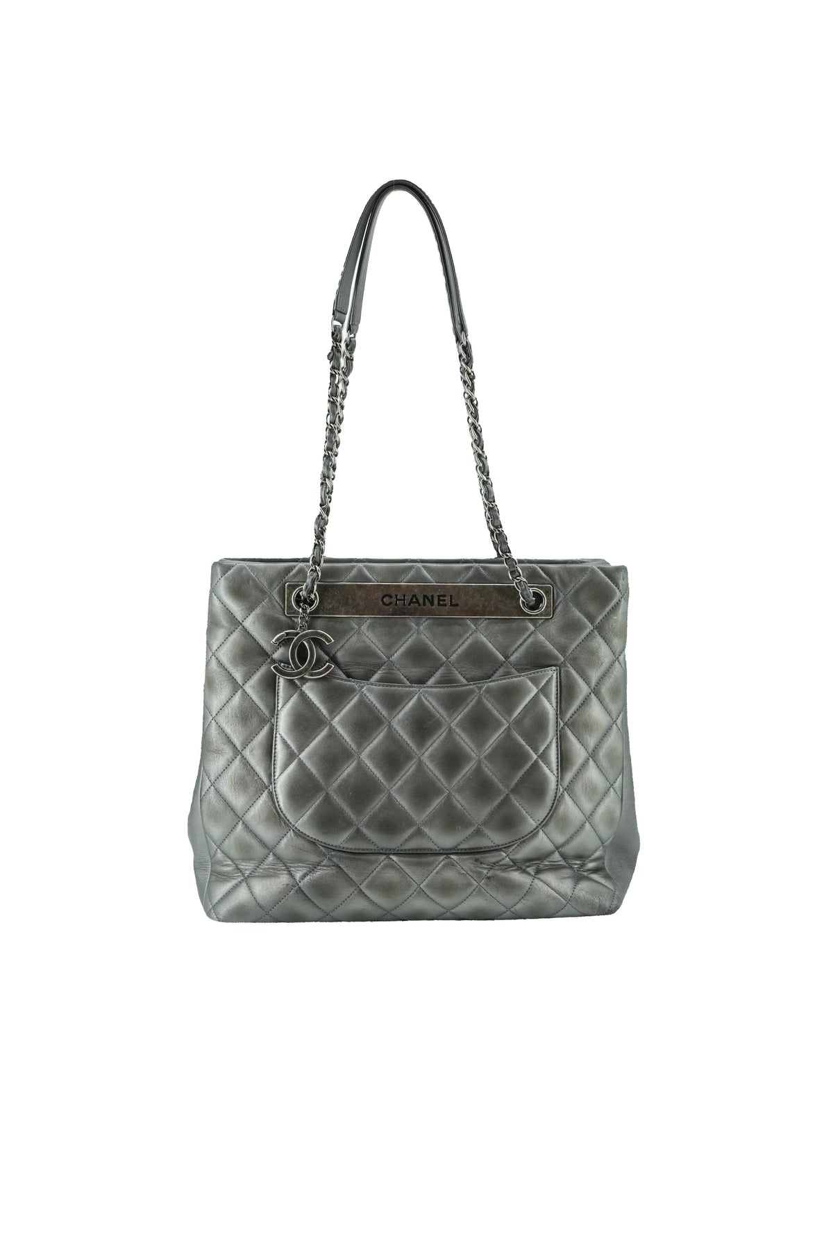 Chanel dark silver quilted large trendy shopping tote 21647644