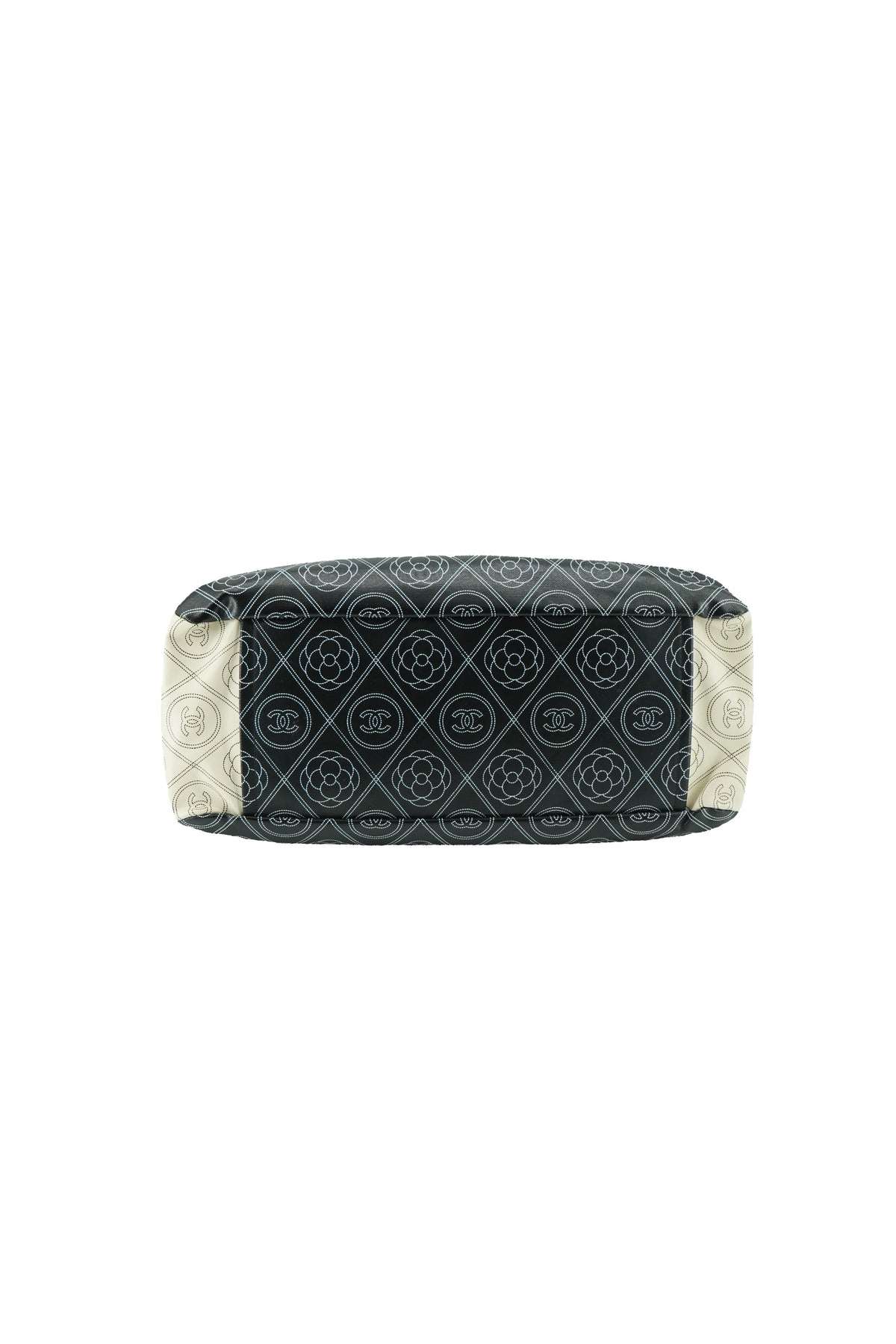 Chanel black cream Camellia shopper tote 256193844