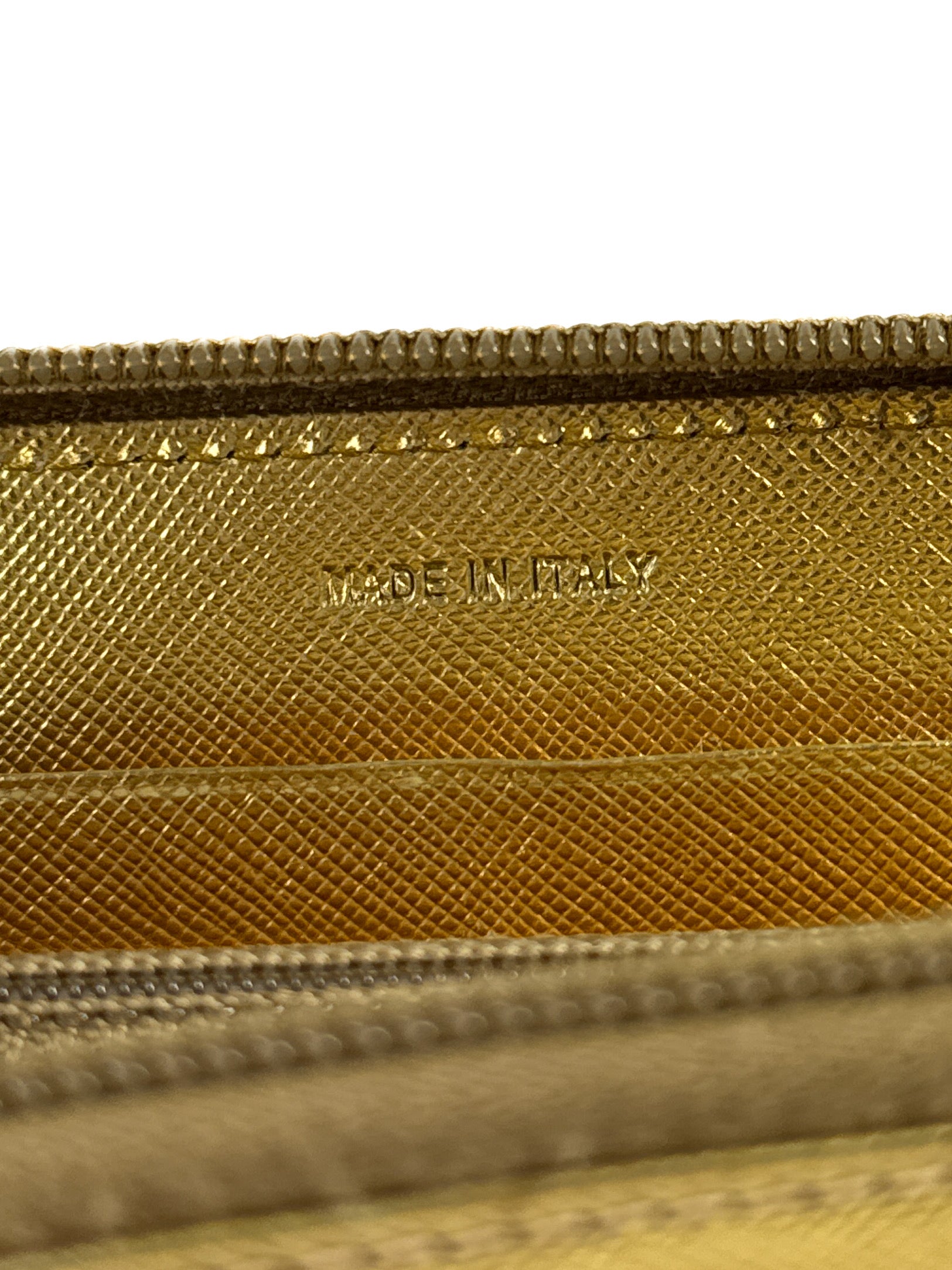 Prada gold metallic leather zip around wallet