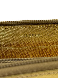 Prada gold metallic leather zip around wallet