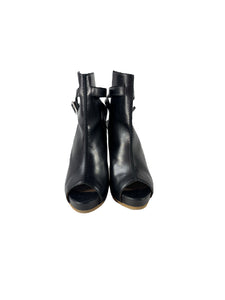 Hermès black leather heeled peep toe booties size 36.5