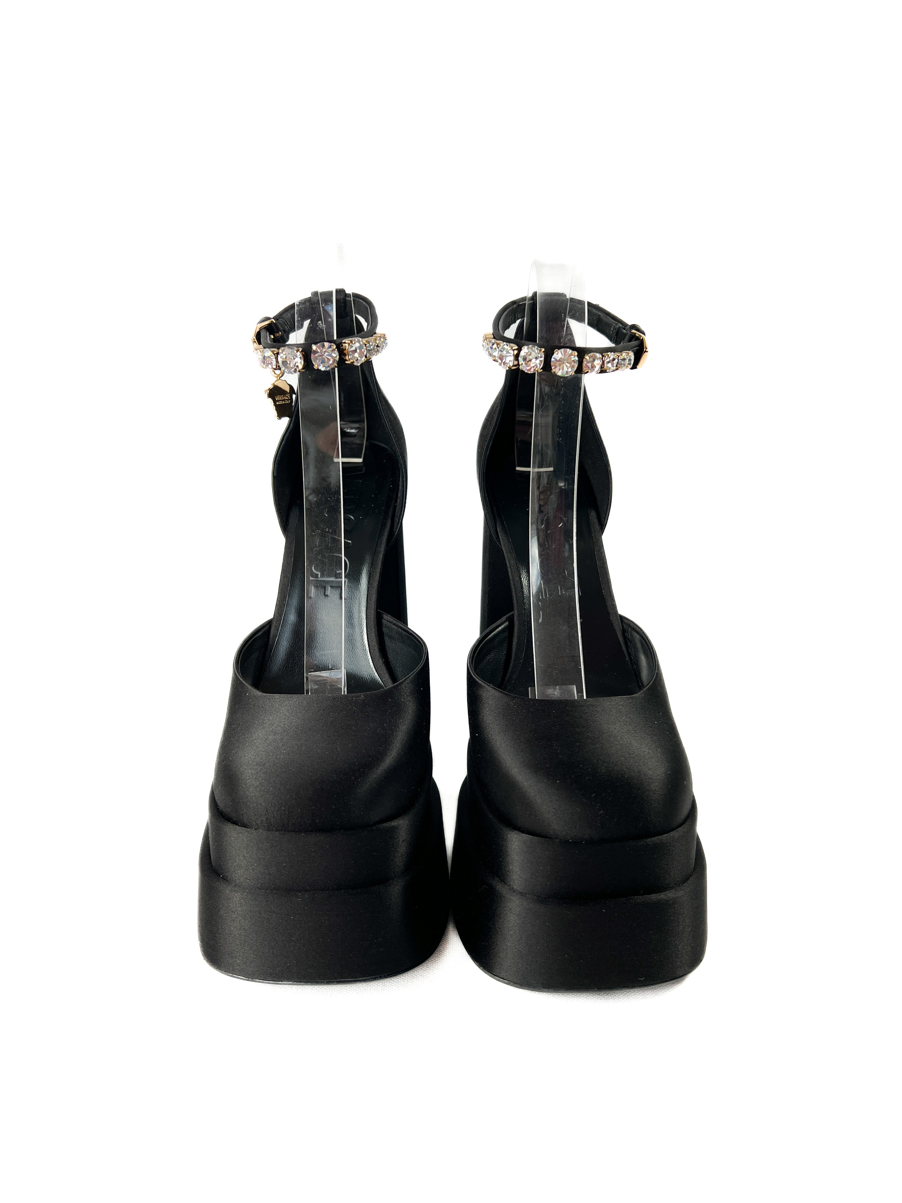 Versace Medusa Aevitas black embellished satin platform pumps size 38 NEW BOX