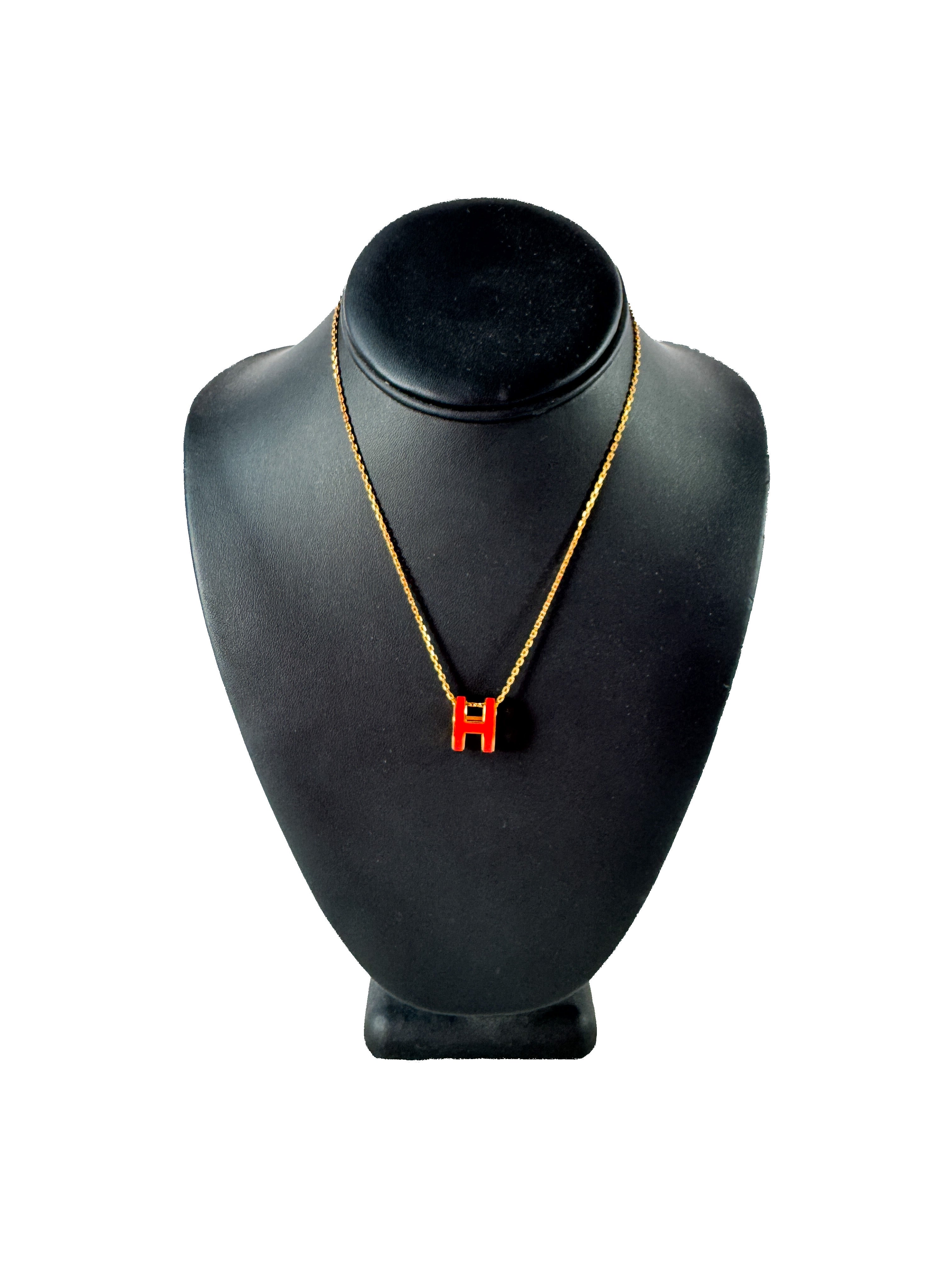 Hermès gold tone pink (rose extreme) enamel pop H pendant necklace