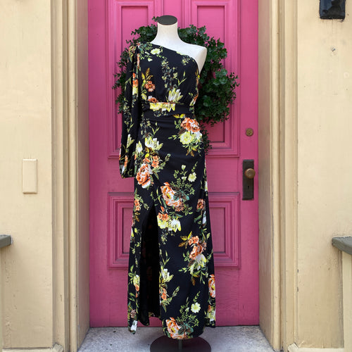 Rachel Rachel Roy black orange floral one shoulder dress size 4