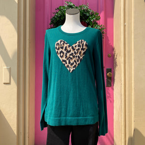 J. Crew green leopard print heart sweater size XL