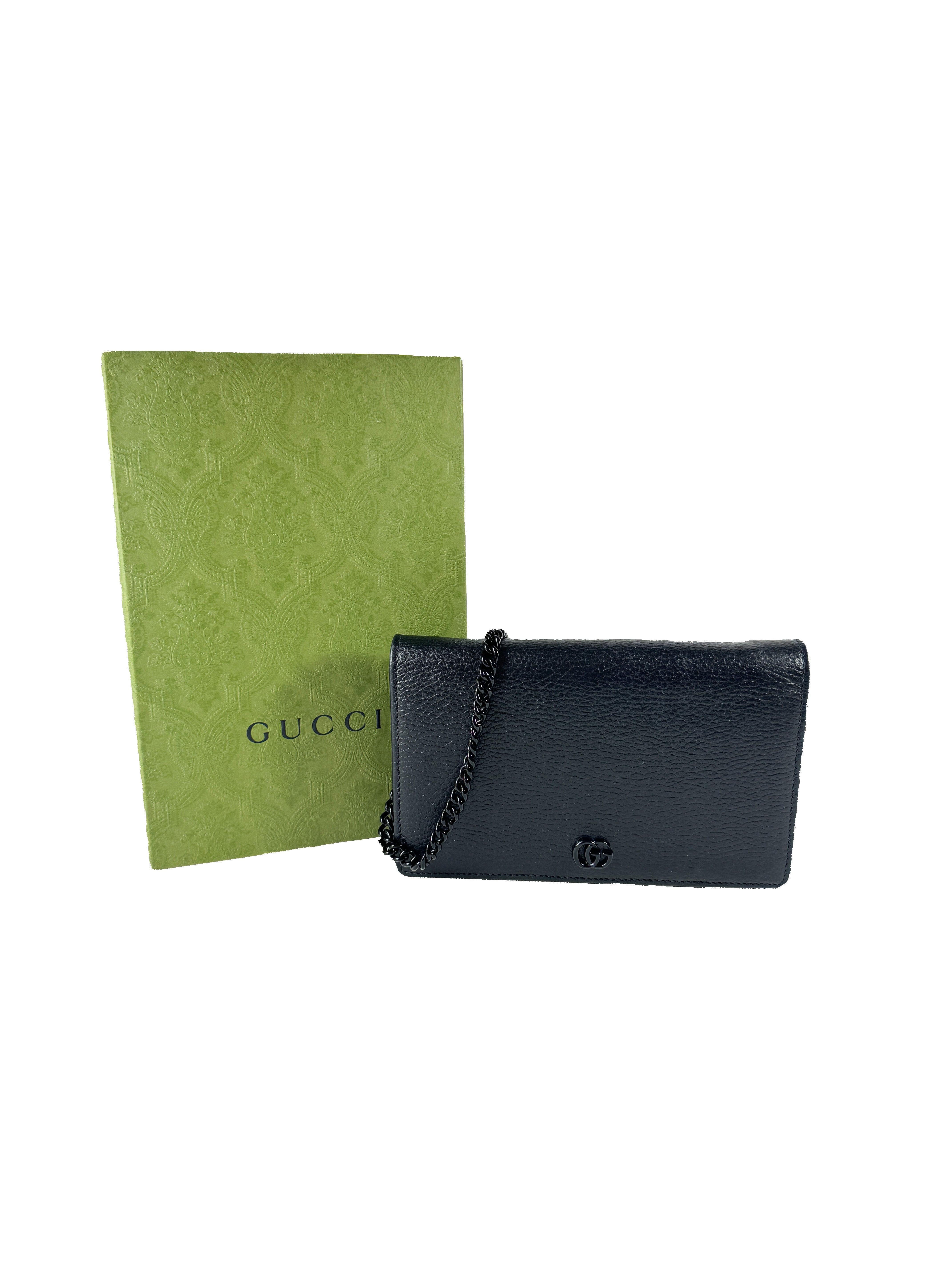 Gucci GG black Marmont leather wallet on a chain 497985-493075