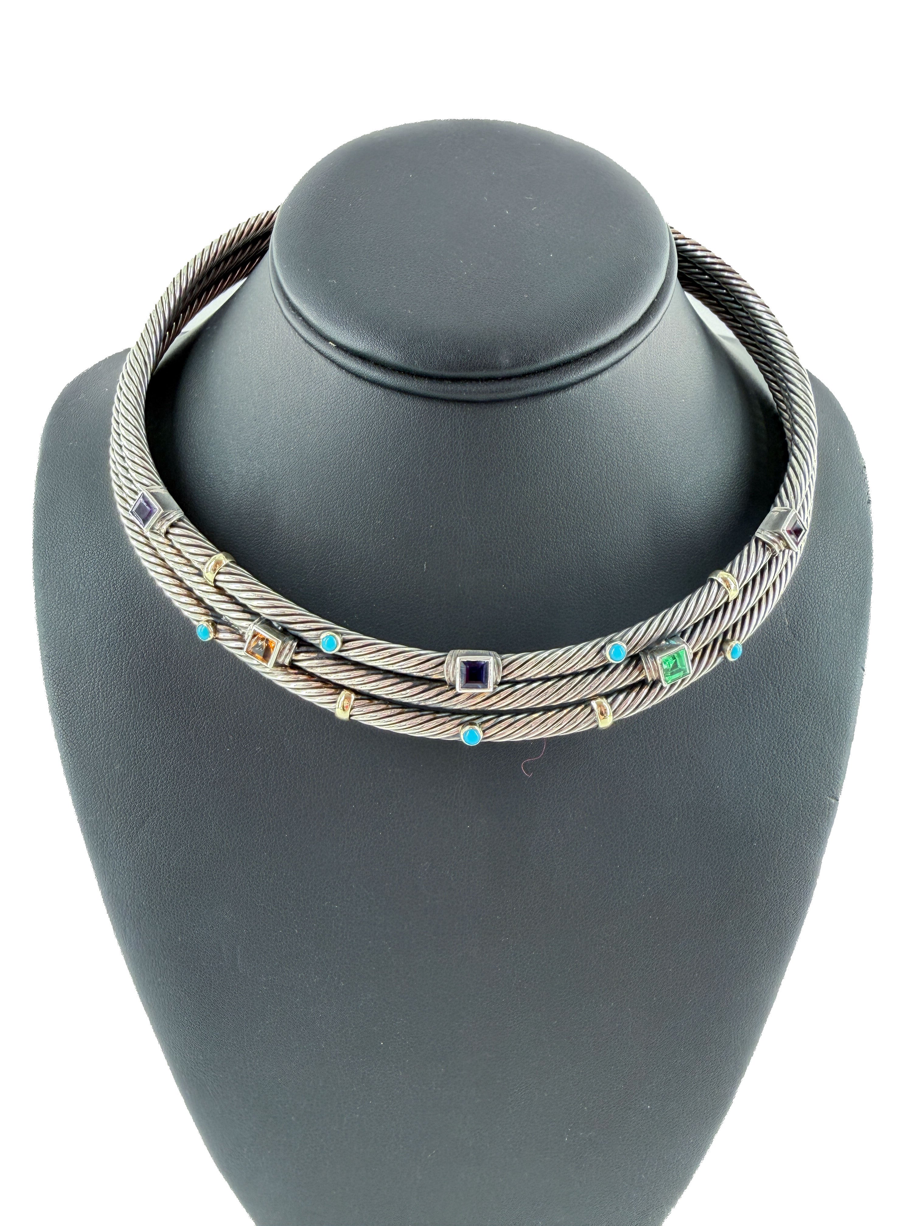 David Yurman sterling silver, yellow gold, gemstone confetti choker necklace
