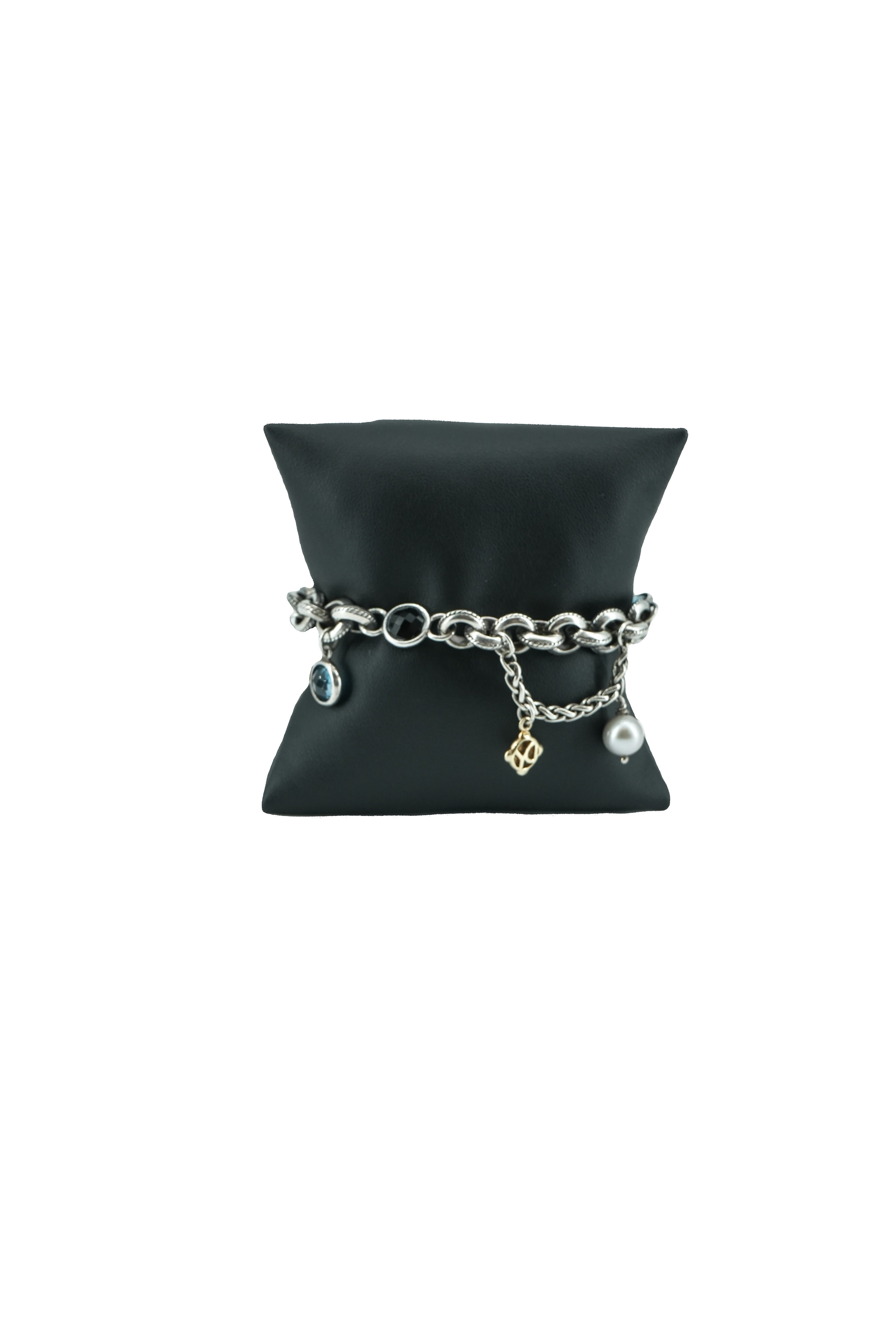 David Yurman sterling silver, pearl, blue topaz, 18k gold Old World charm bracelet