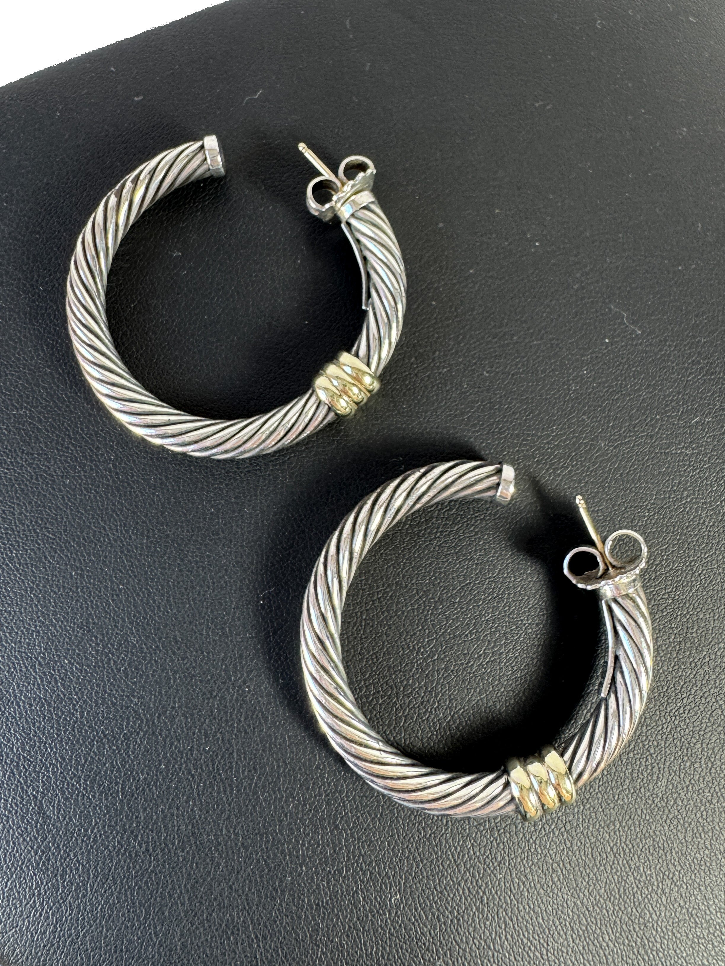 David Yurman sterling silver, 14K gold single station cable hoops