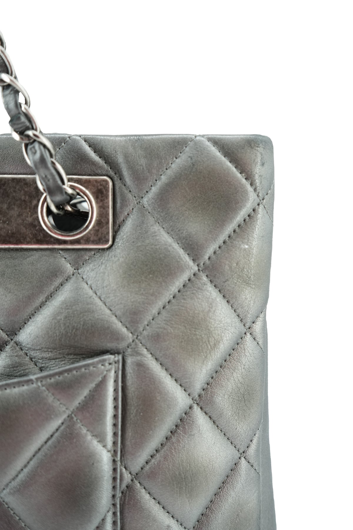 Chanel dark silver quilted large trendy shopping tote 21647644
