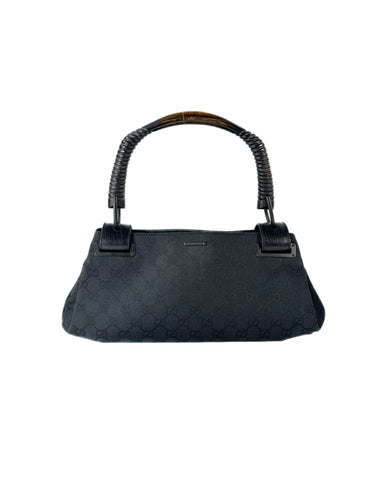 Gucci black leather GG wooden handle bag 112684 3444