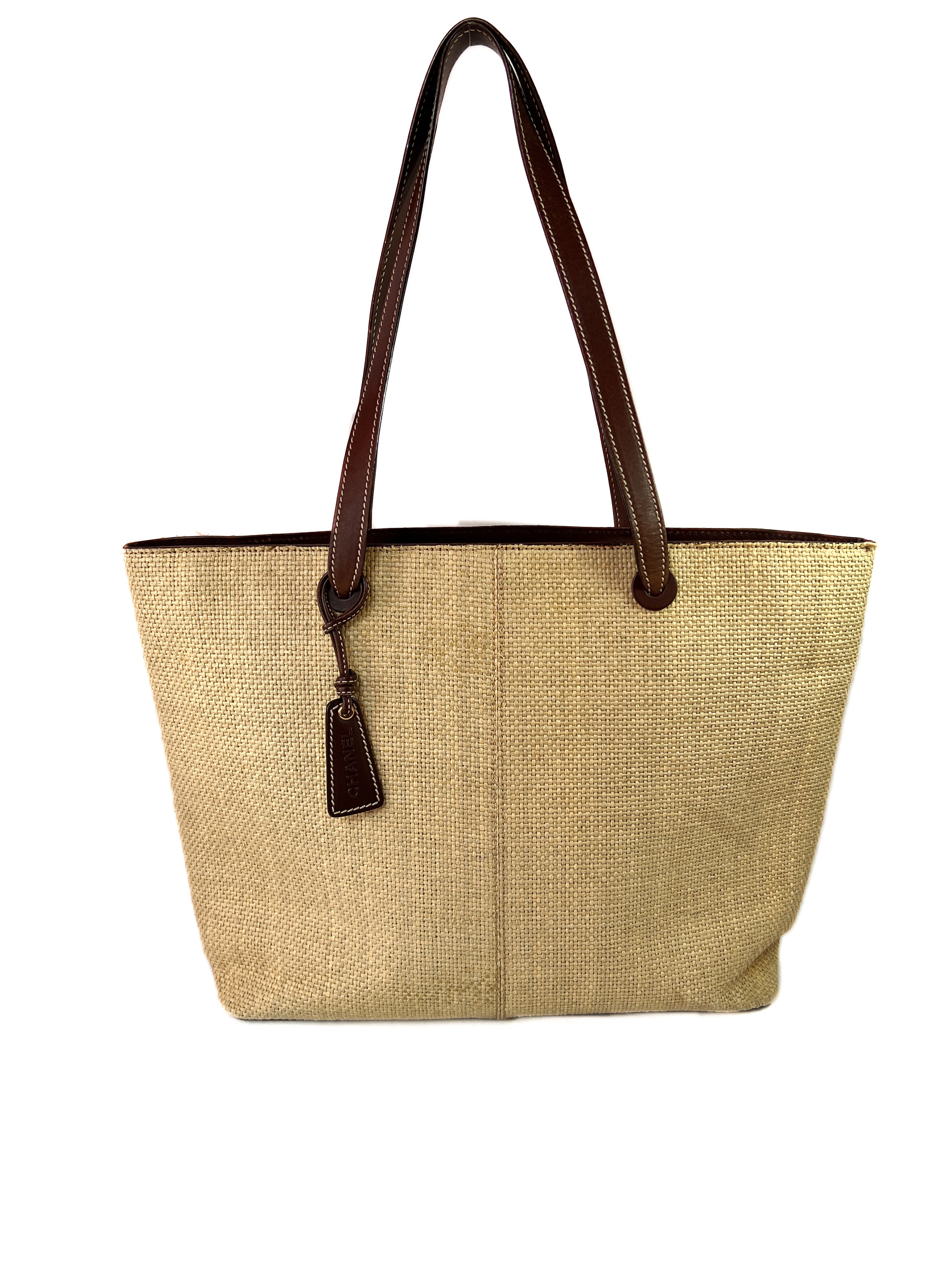 Chanel natural raffia and leather tote