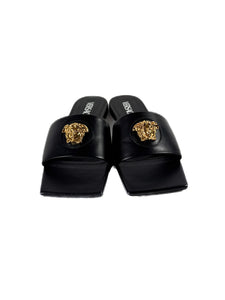 Versace black La Medusa square toe slide sandals size 38.5 BOX