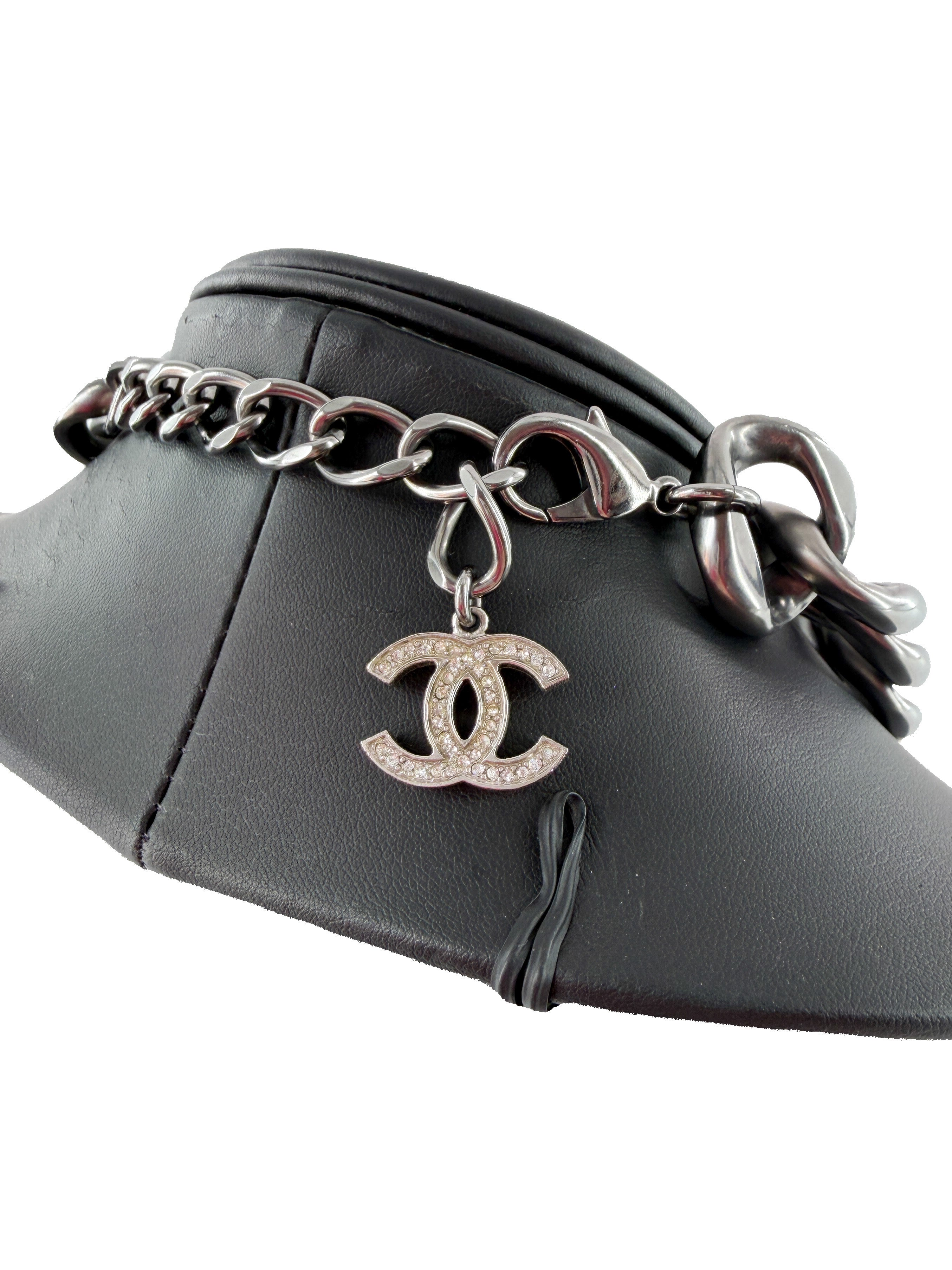 Chanel metal crystal CC chain choker necklace ruthenium B14C