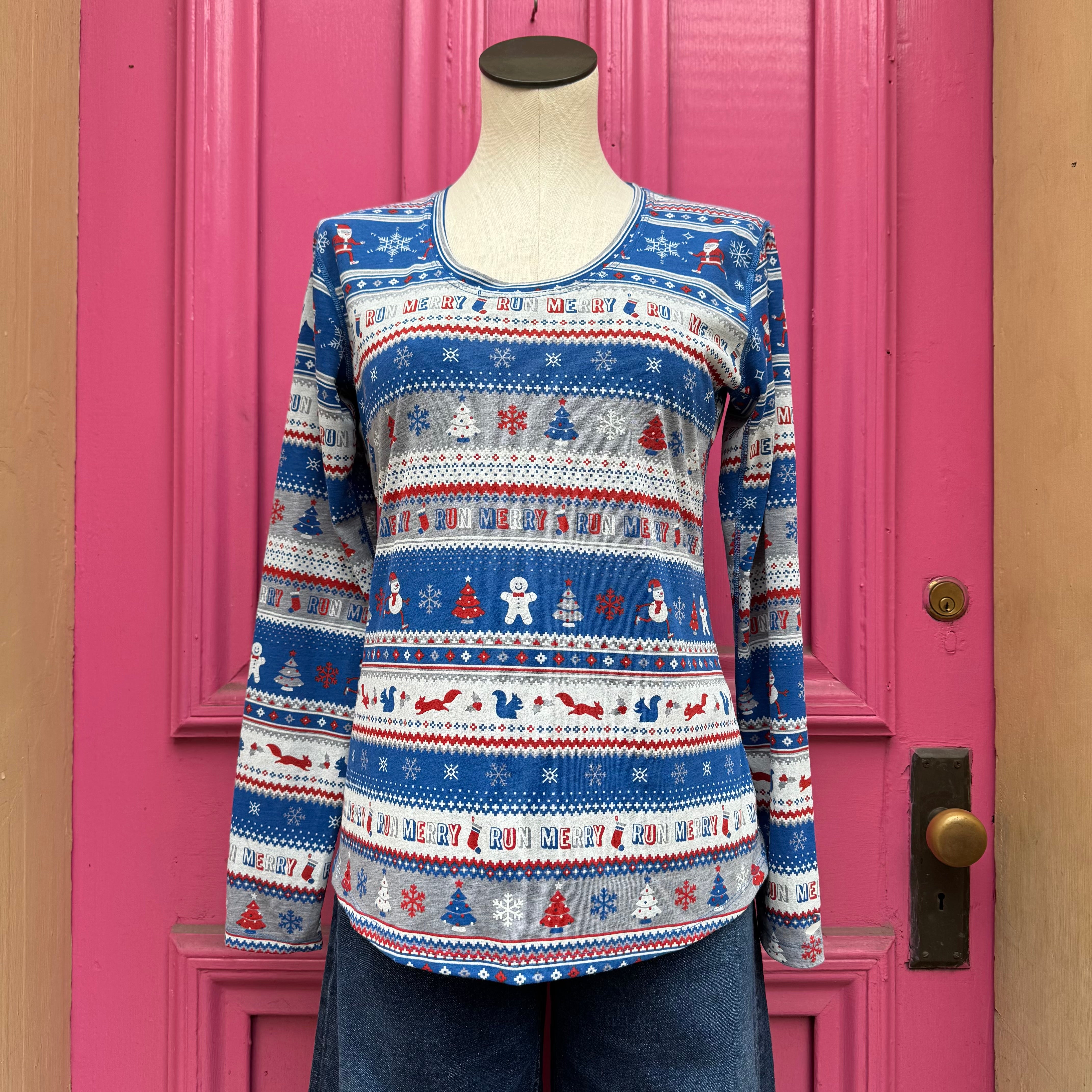 Brooks holiday print long sleeve top size L NWT