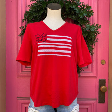 Chico’s red short sleeve flag top size L