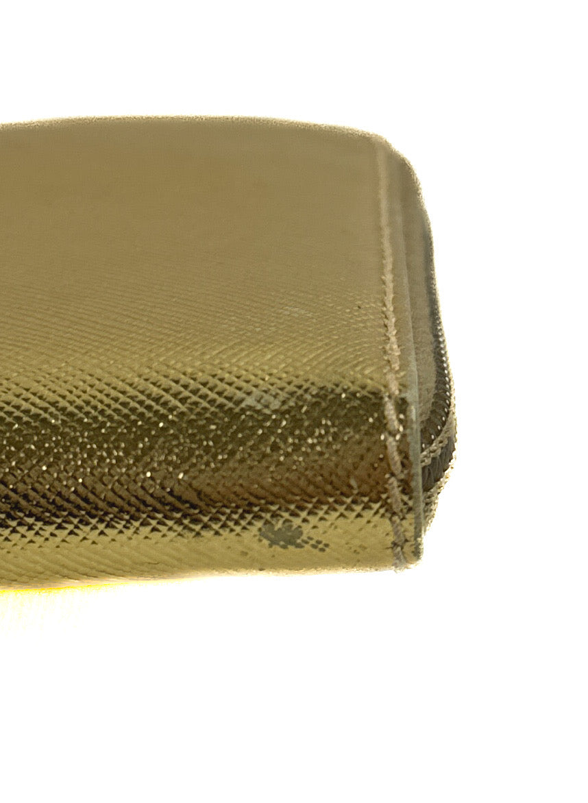 Prada gold metallic leather zip around wallet
