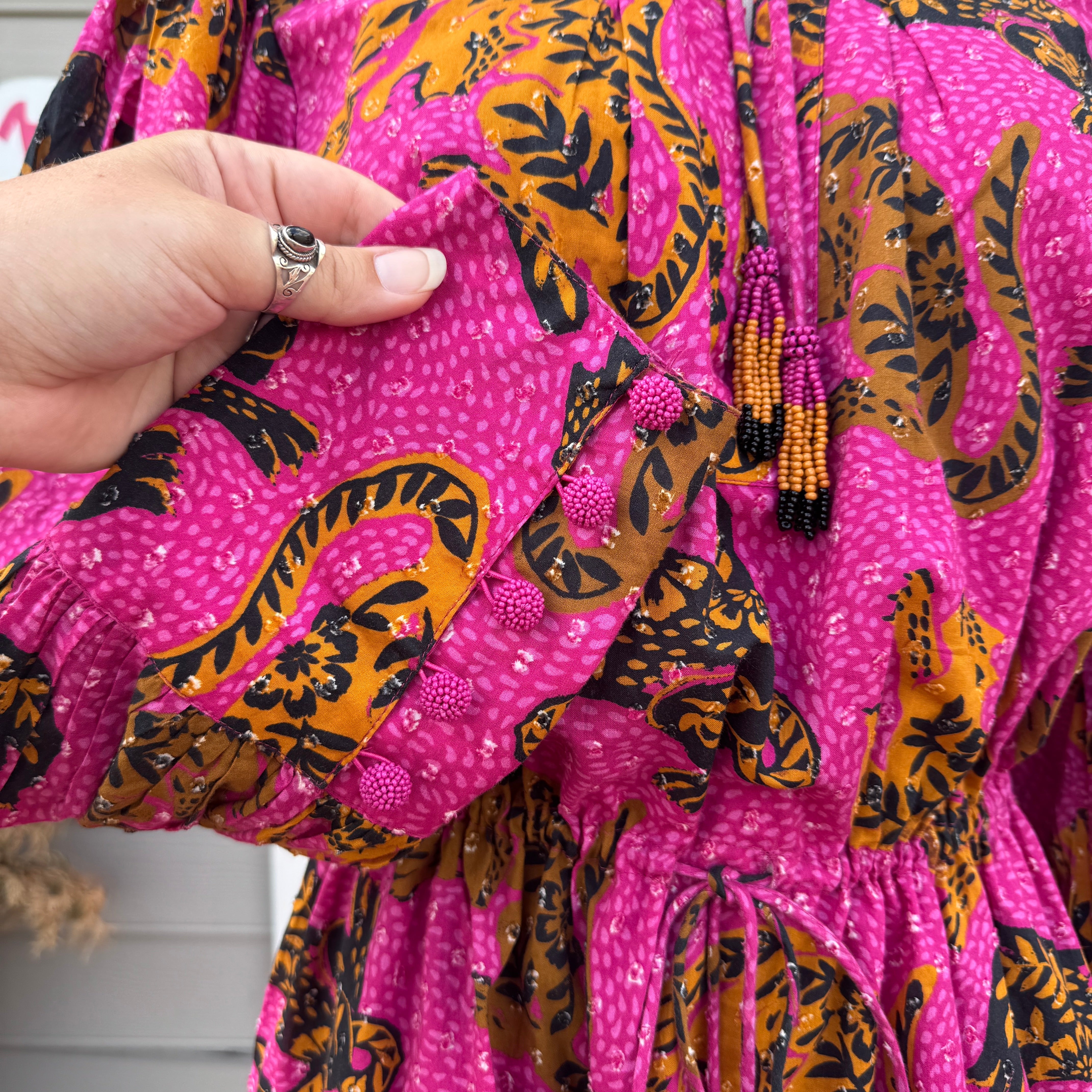 FARM RIO pink tiger print long sleeve dress size L