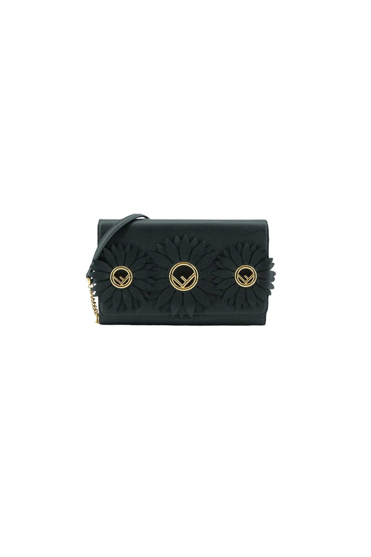 Fendi black leather floral chain wallet 8BS004 A0KZ 179-8210