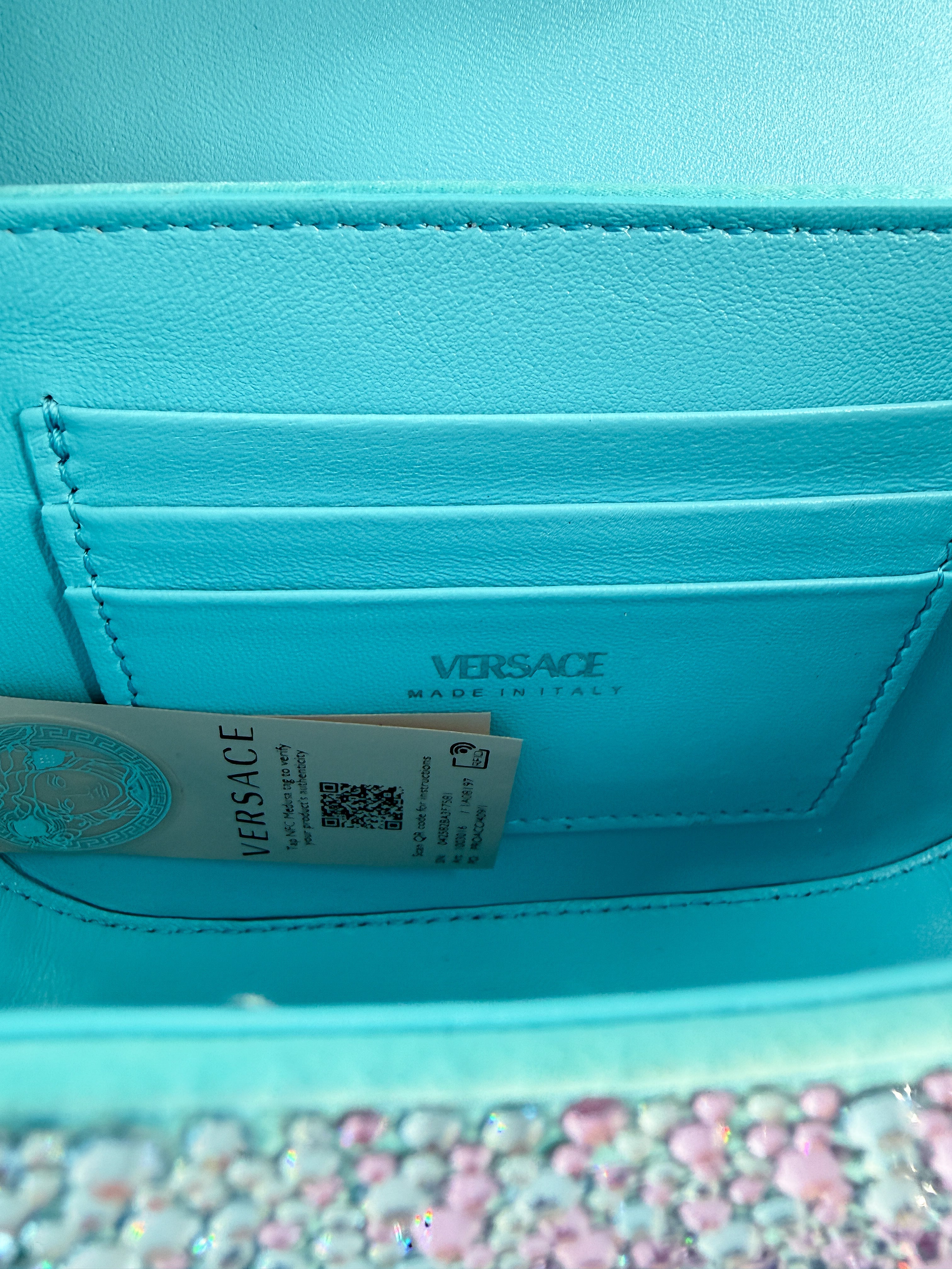 Versace satin crystal studded mini La Medusa bag blue/pink