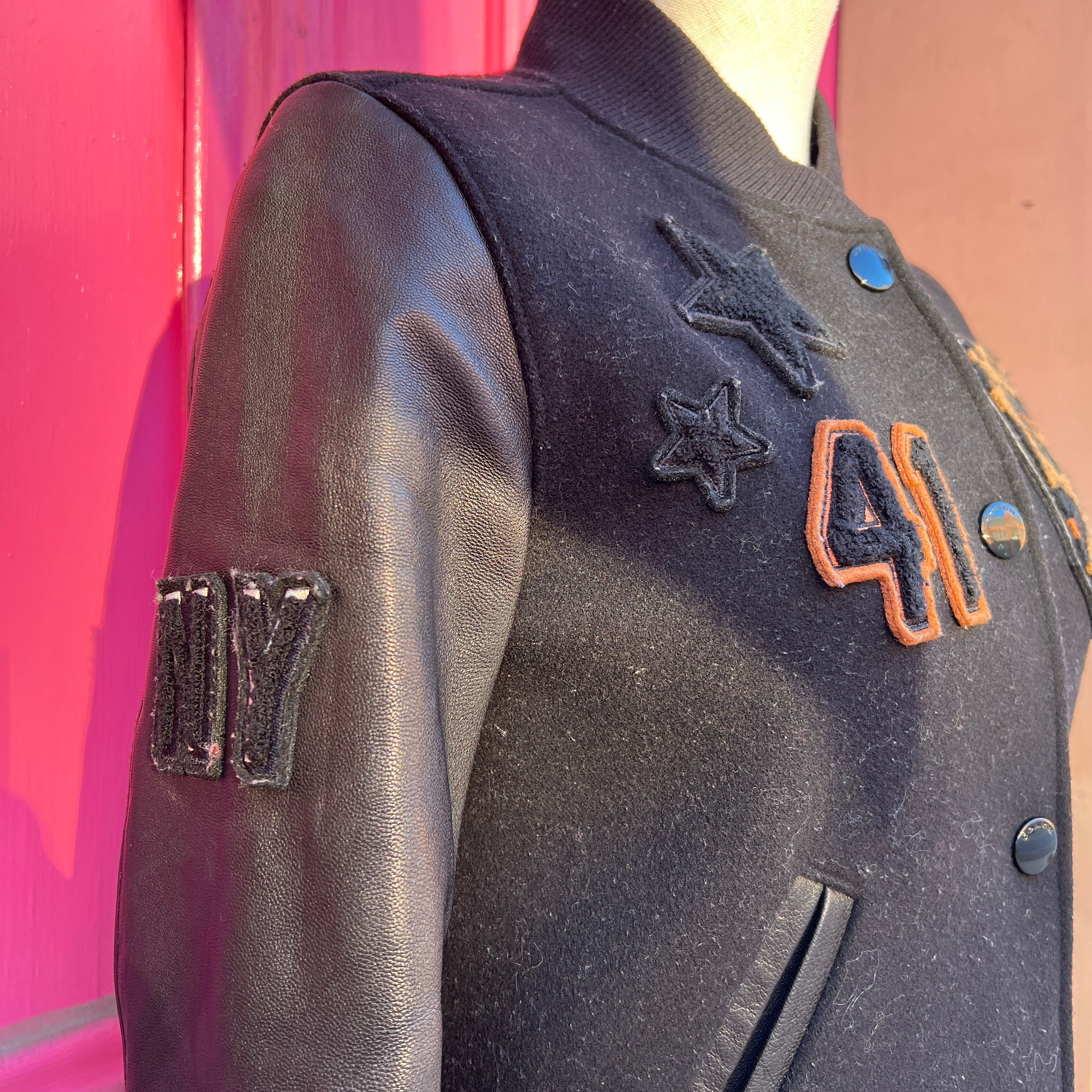 Coach black leopard print letterman jacket size XXS