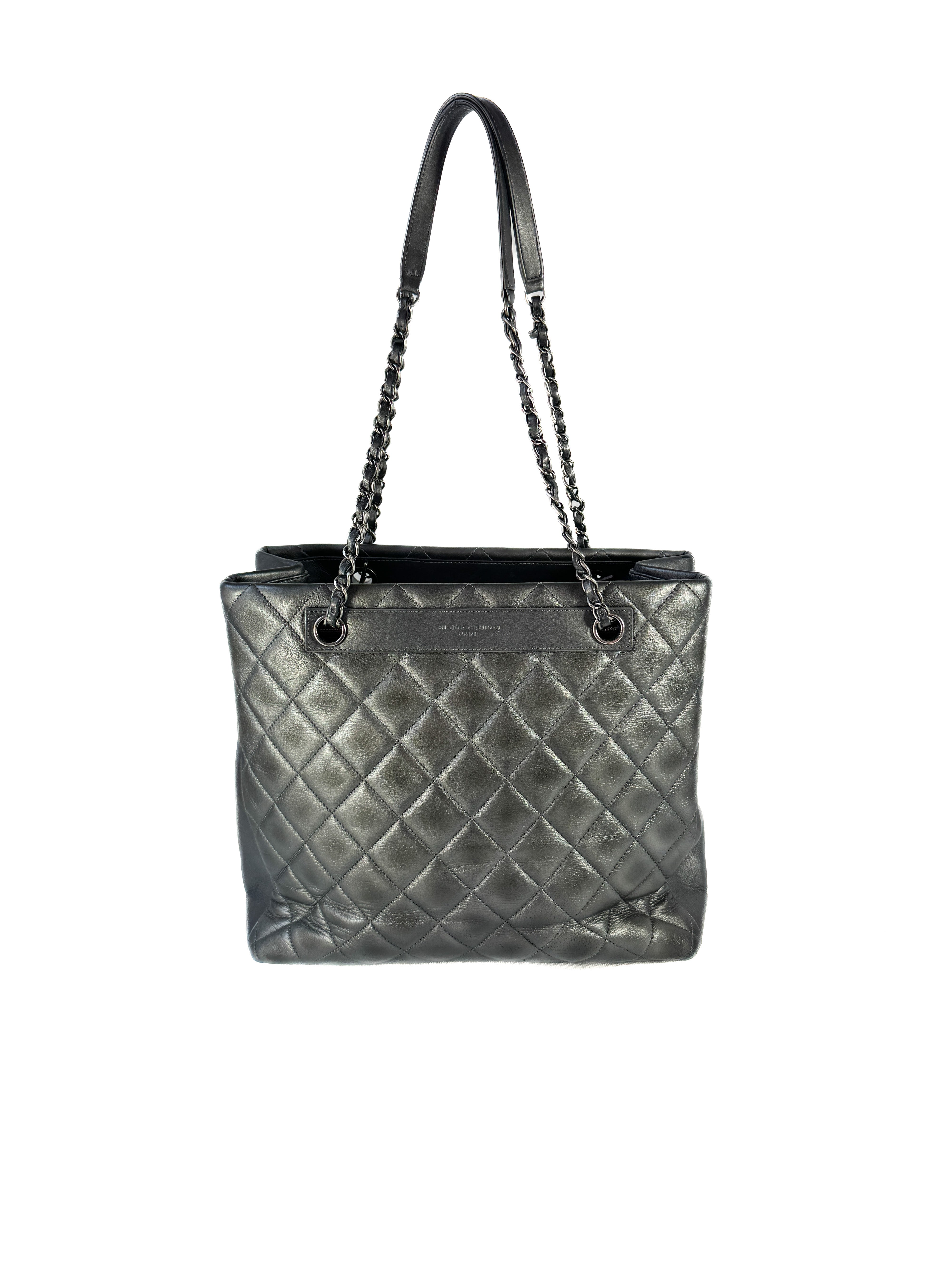 Chanel dark silver quilted large trendy shopping tote 21647644