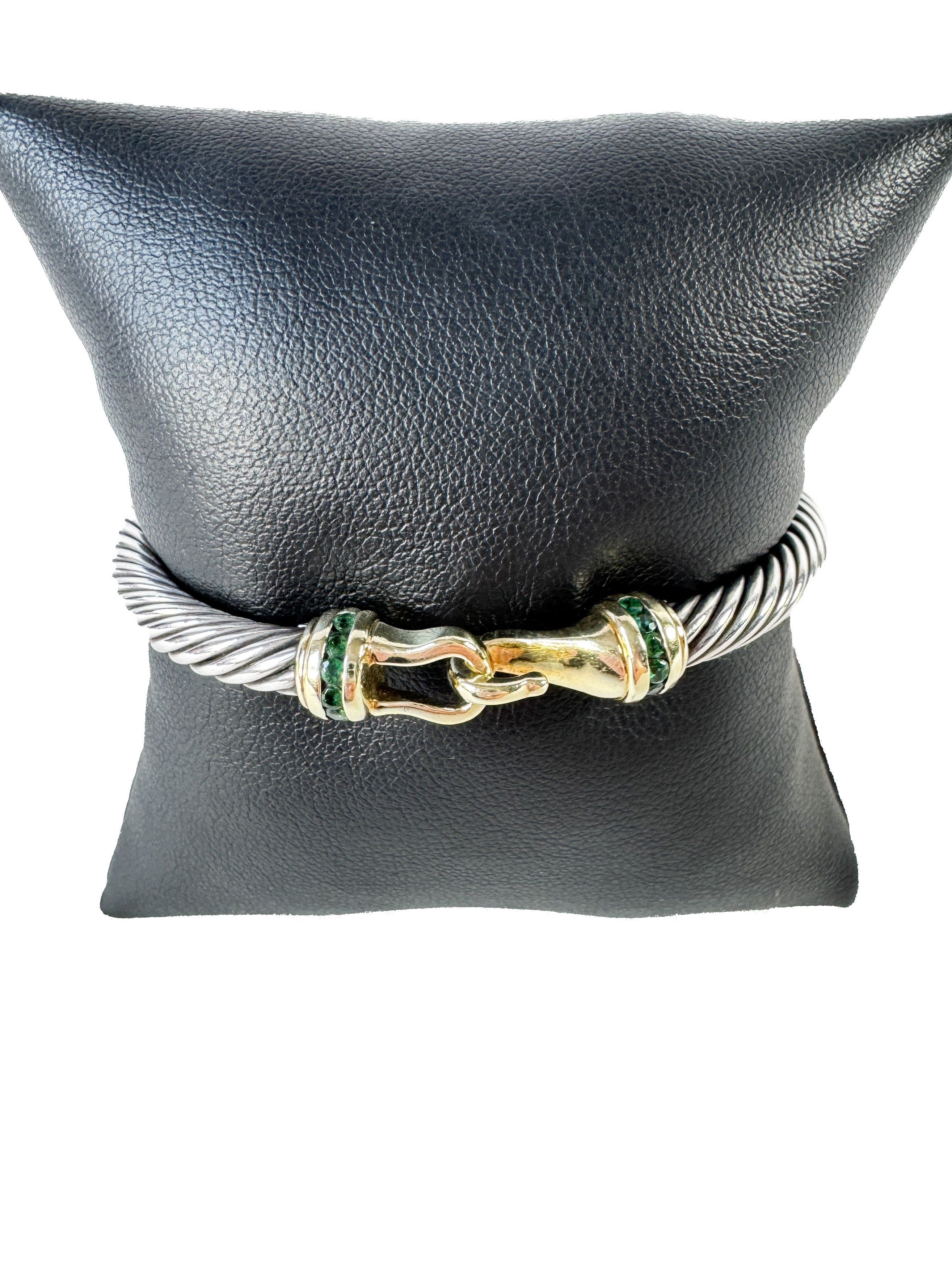 David Yurman sterling silver, yellow gold, emerald 5mm cable buckle bracelet