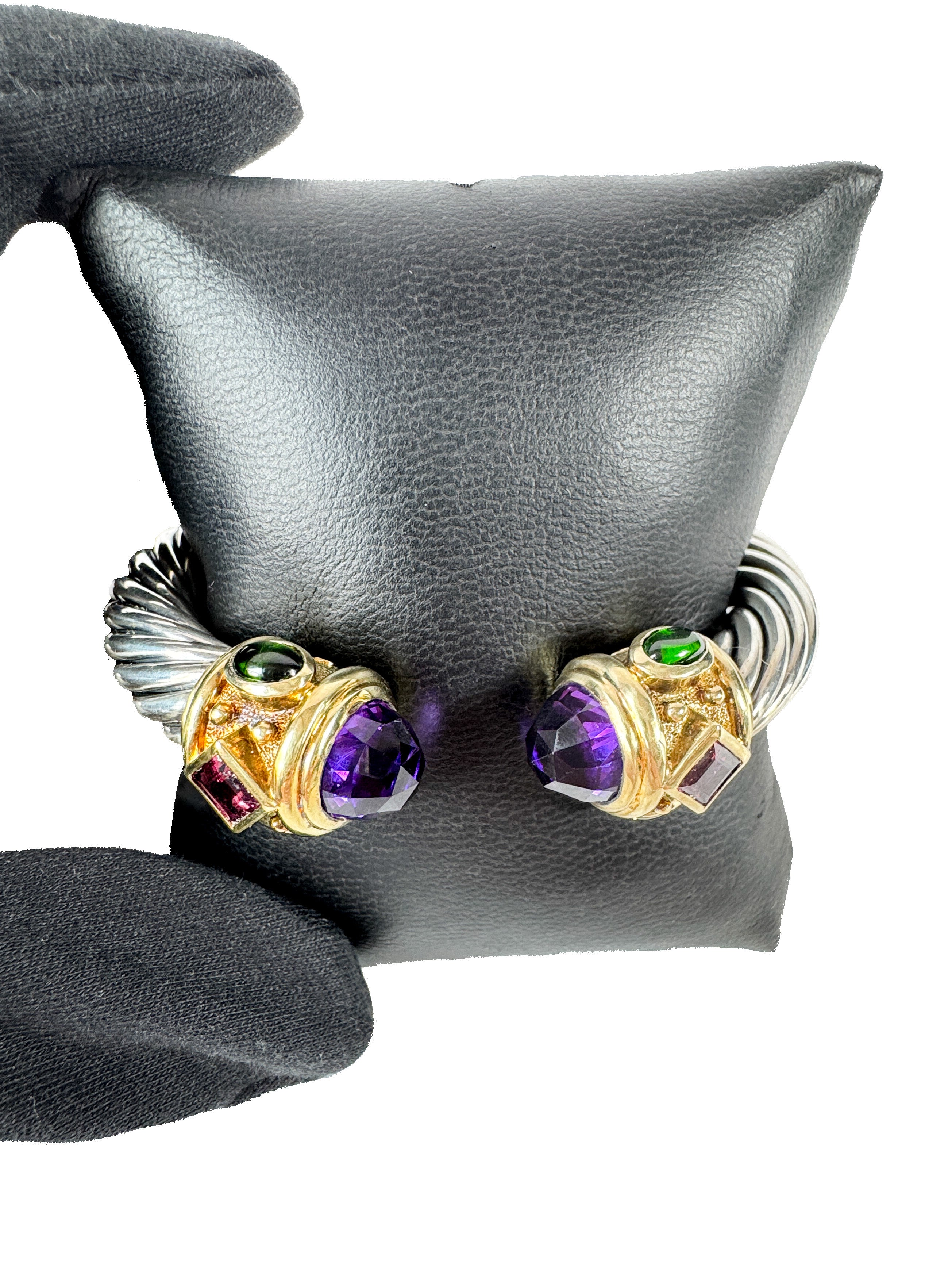 David Yurman sterling silver, 14k gold Amethyst, Iolite, Rhodolite Garnet Renaissance cable bracelet