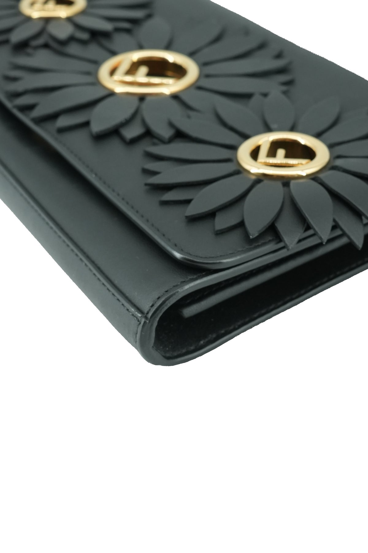 Fendi black leather floral chain wallet 8BS004 A0KZ 179-8210