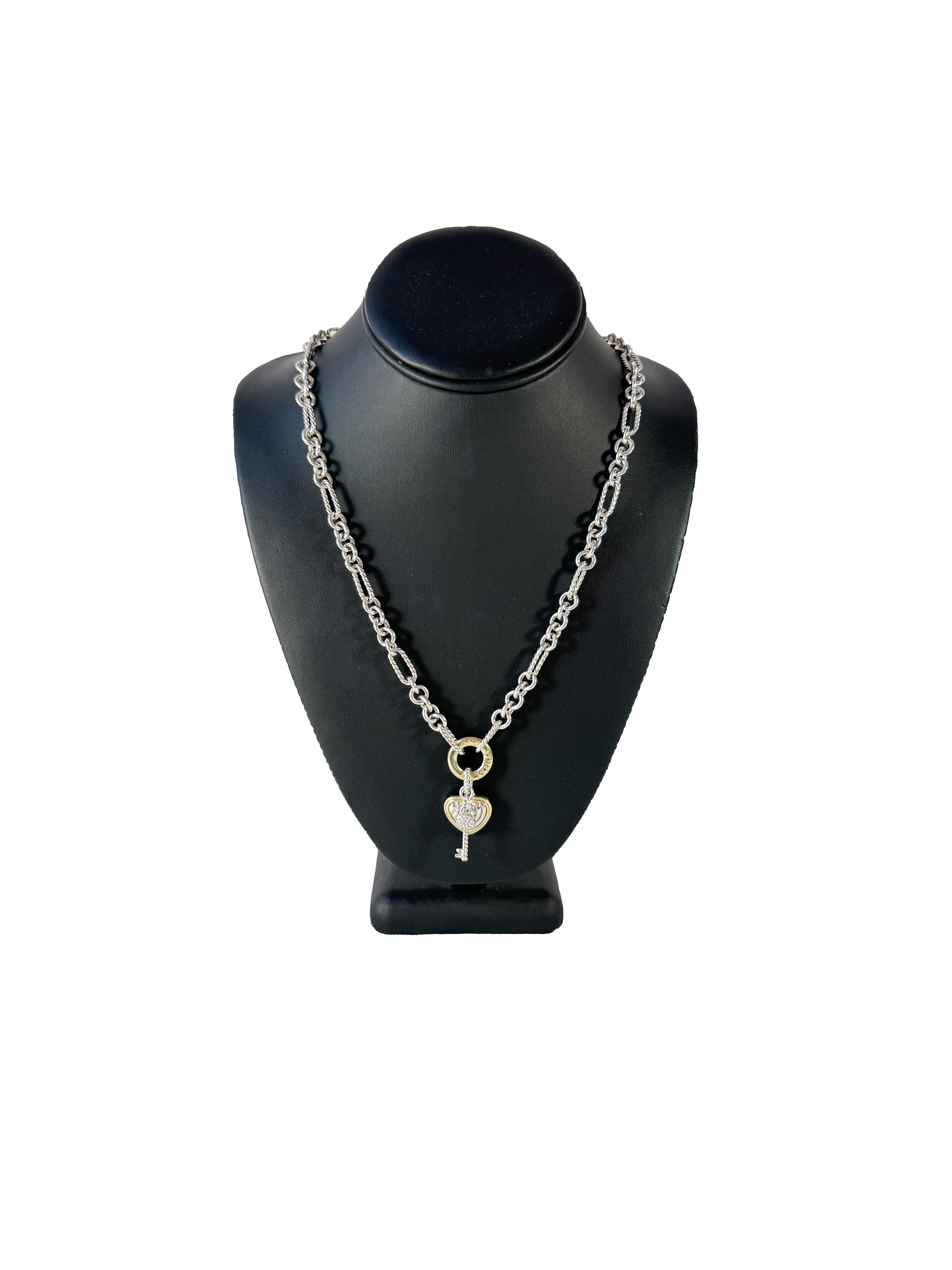 David Yurman sterling silver, 18k gold figaro chain 32" necklace w/non DY charm