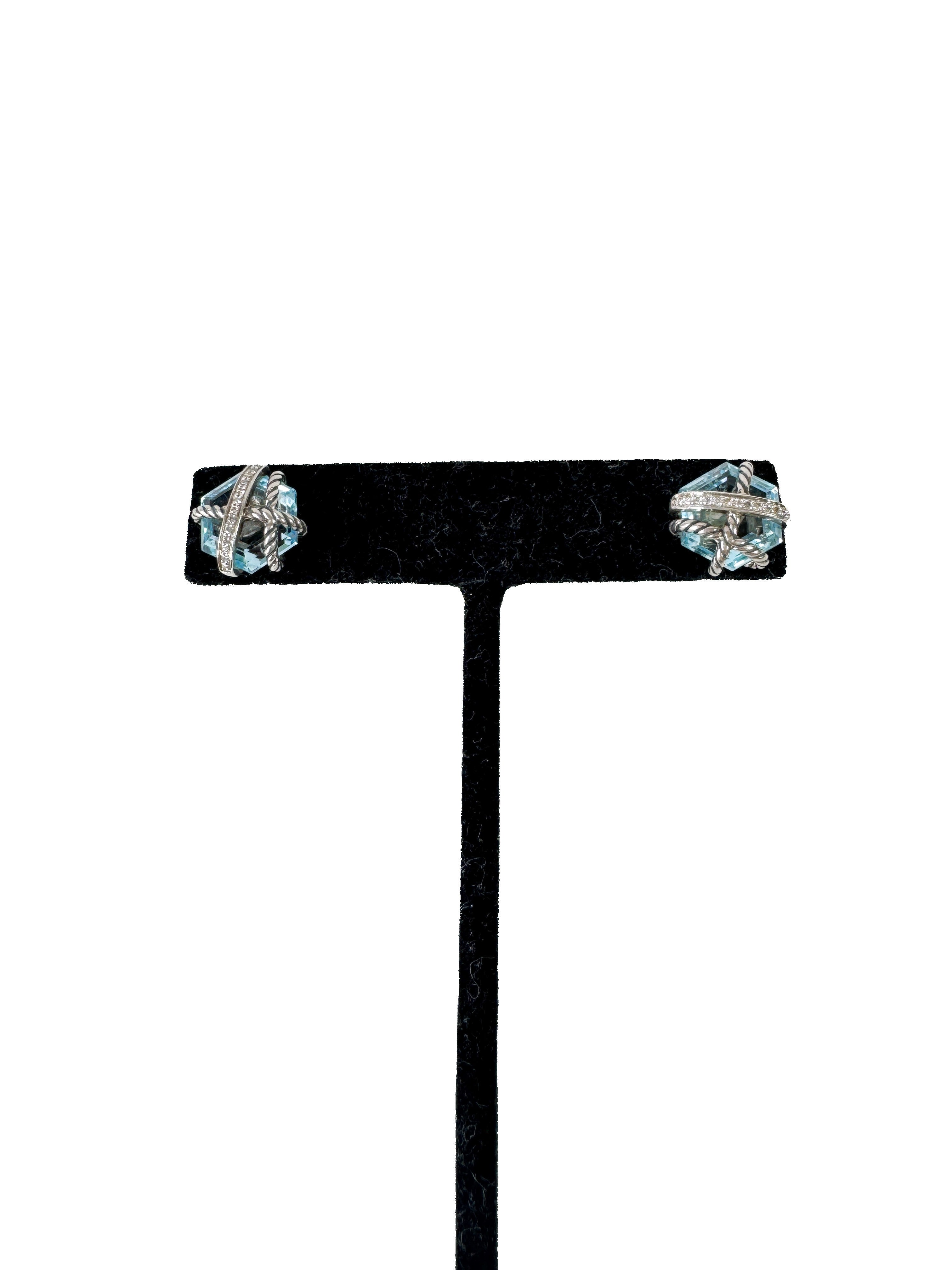 David Yurman sterling silver blue topaz & diamond cable wrap earrings current retail $995