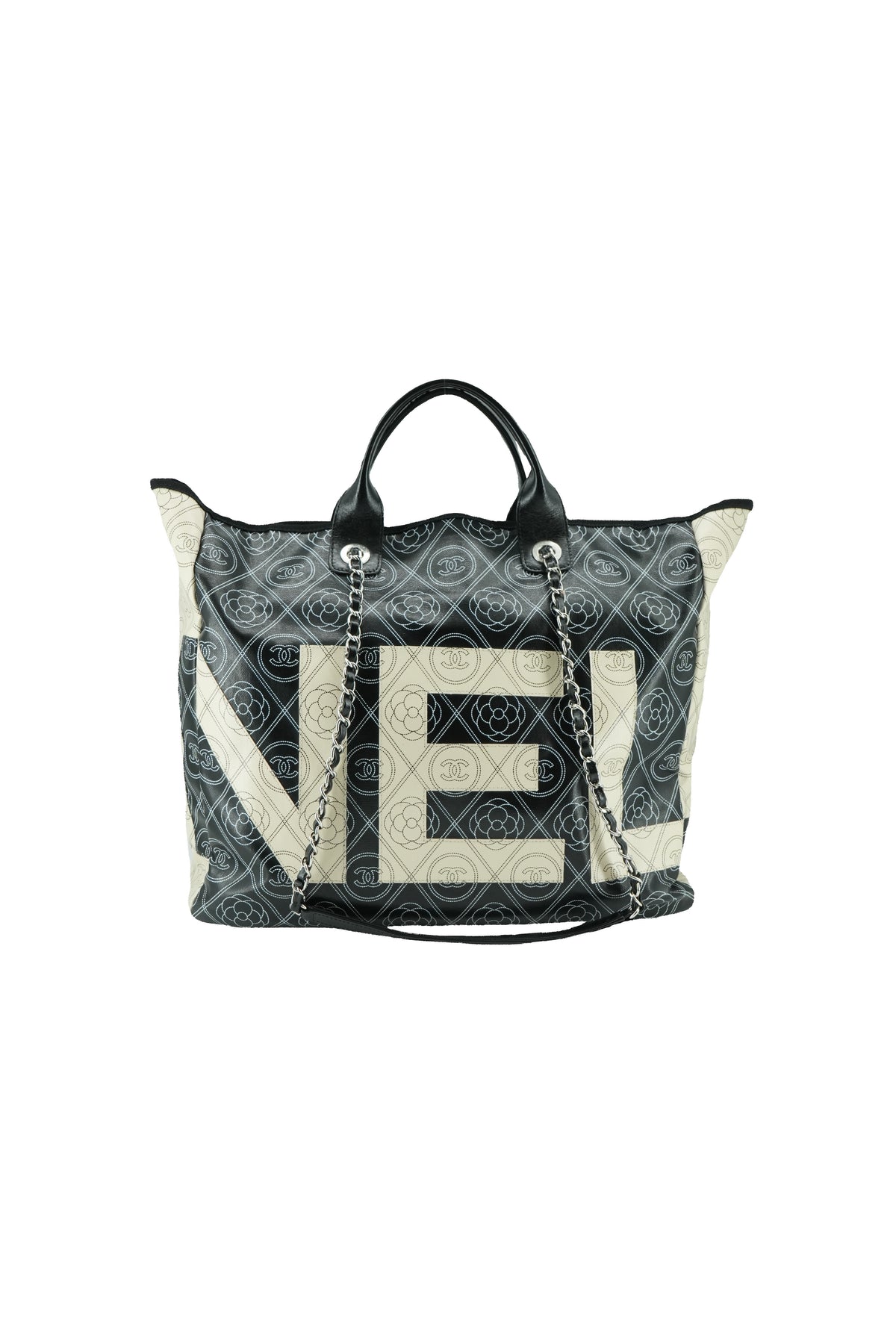 Chanel black cream Camellia shopper tote 256193844