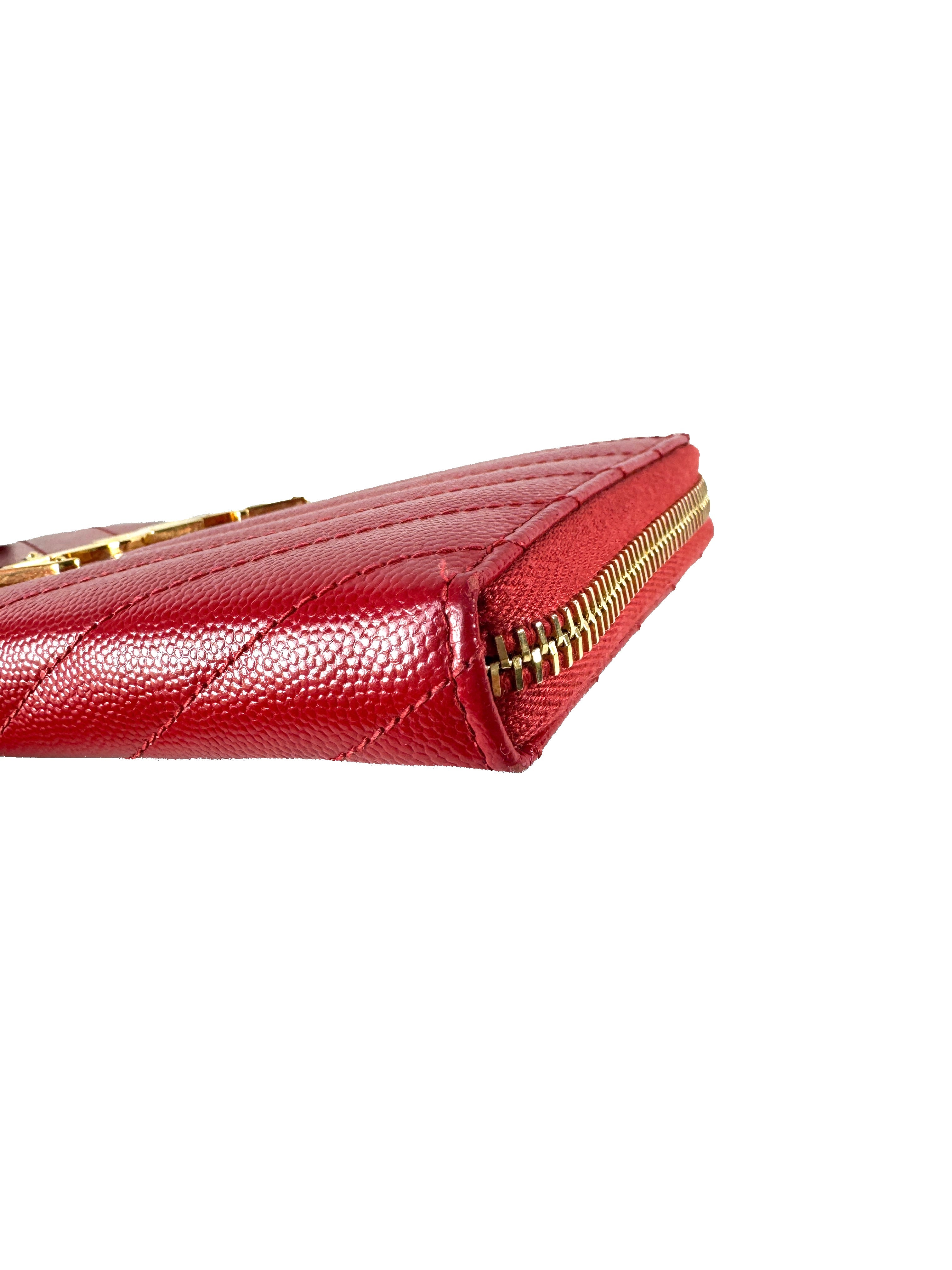 Saint Laurent red grain de poudre matelasse chevon monogram zip around wallet INN3580941118