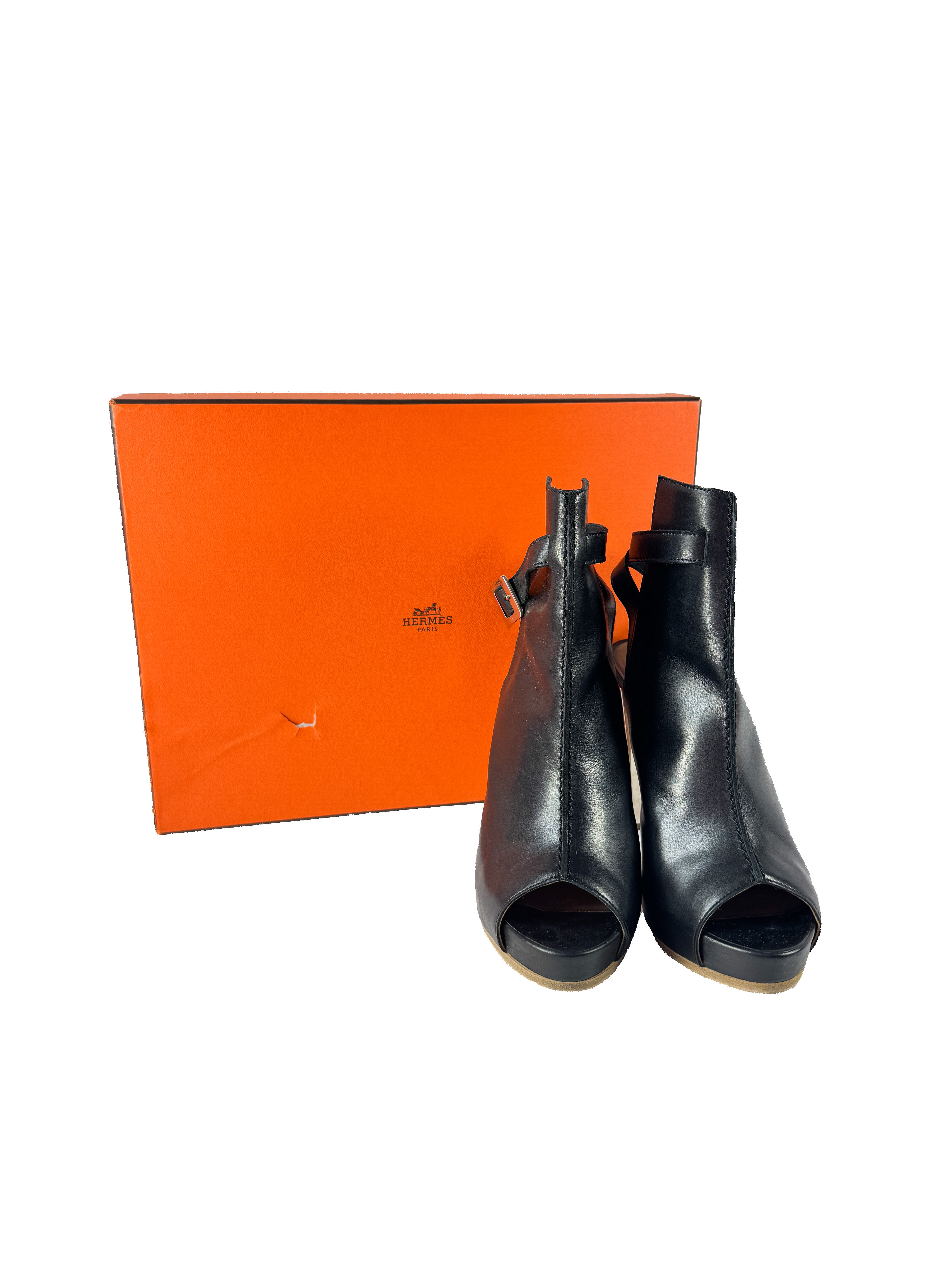 Hermès black leather heeled peep toe booties size 36.5