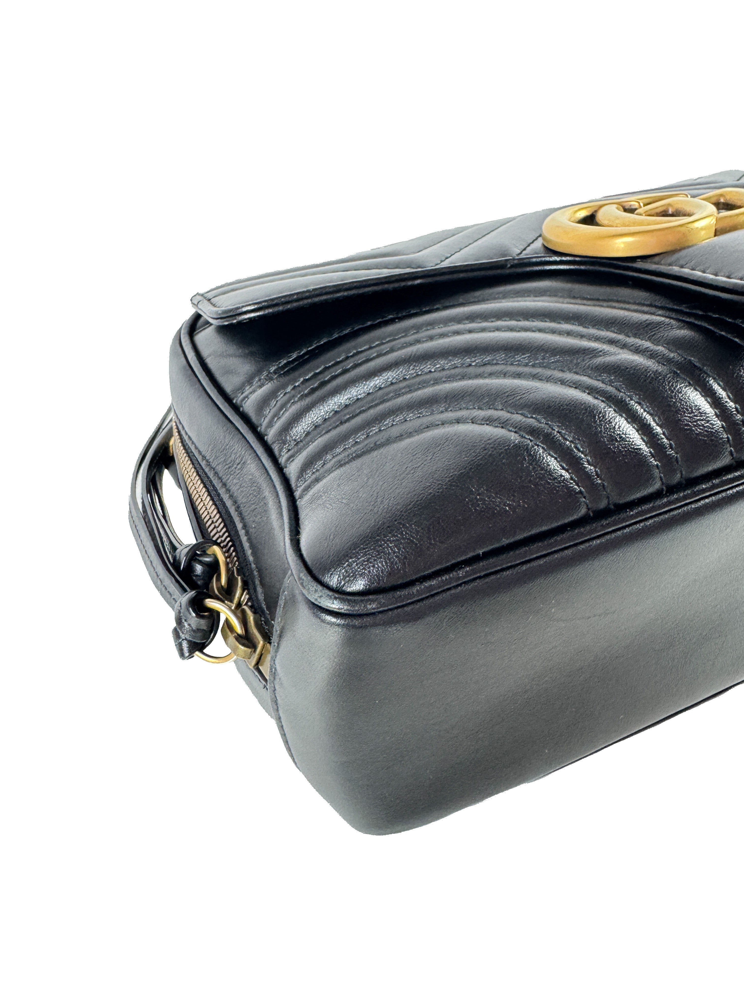 Gucci black calfksin Matelasse Sylvie web small GG Marmont top handle  498199 493075