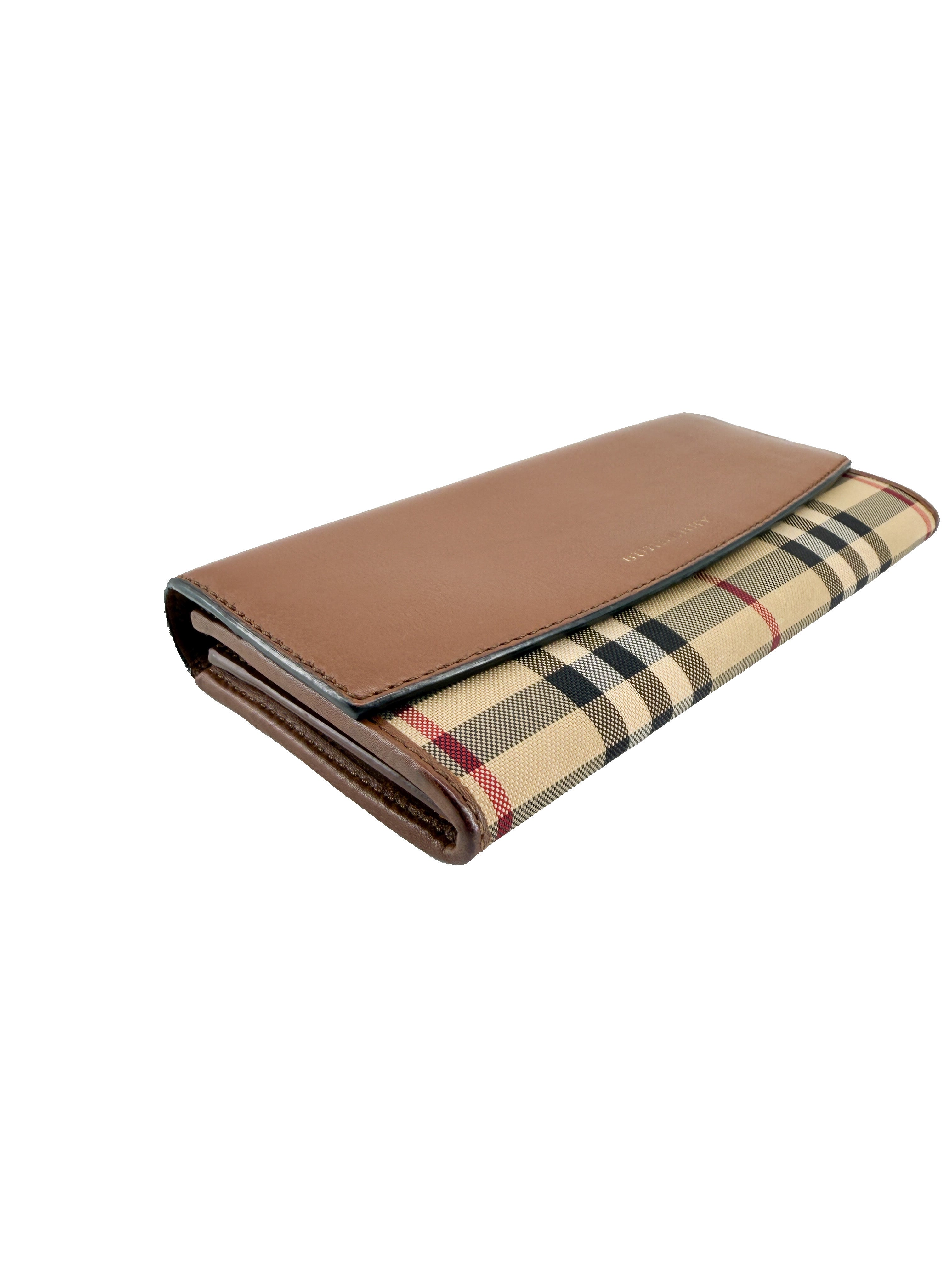 Burberry brown leather canvas check wallet