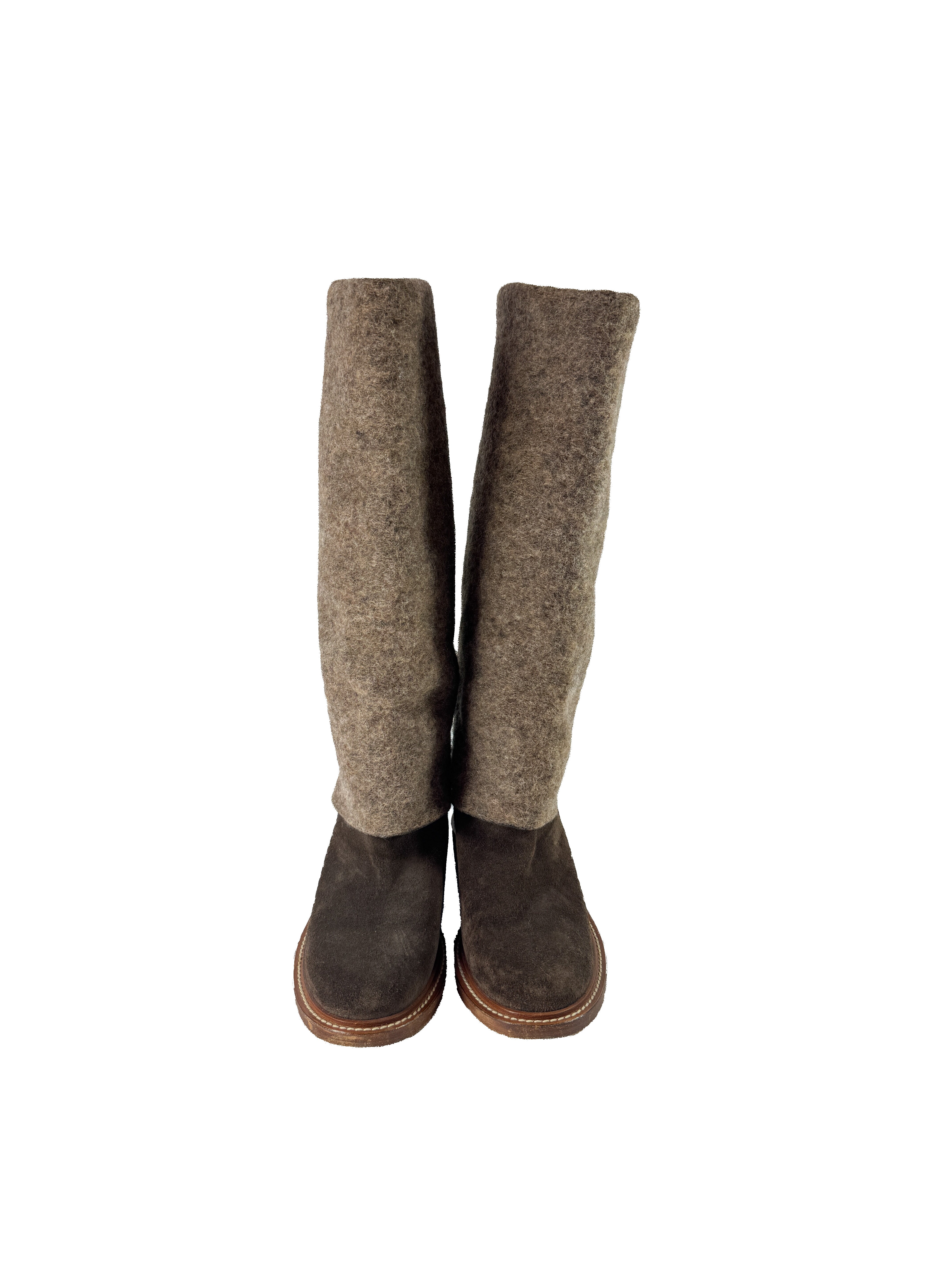 Chanel brown wool/suede Interlocking CC fold over boots size 39 K G300