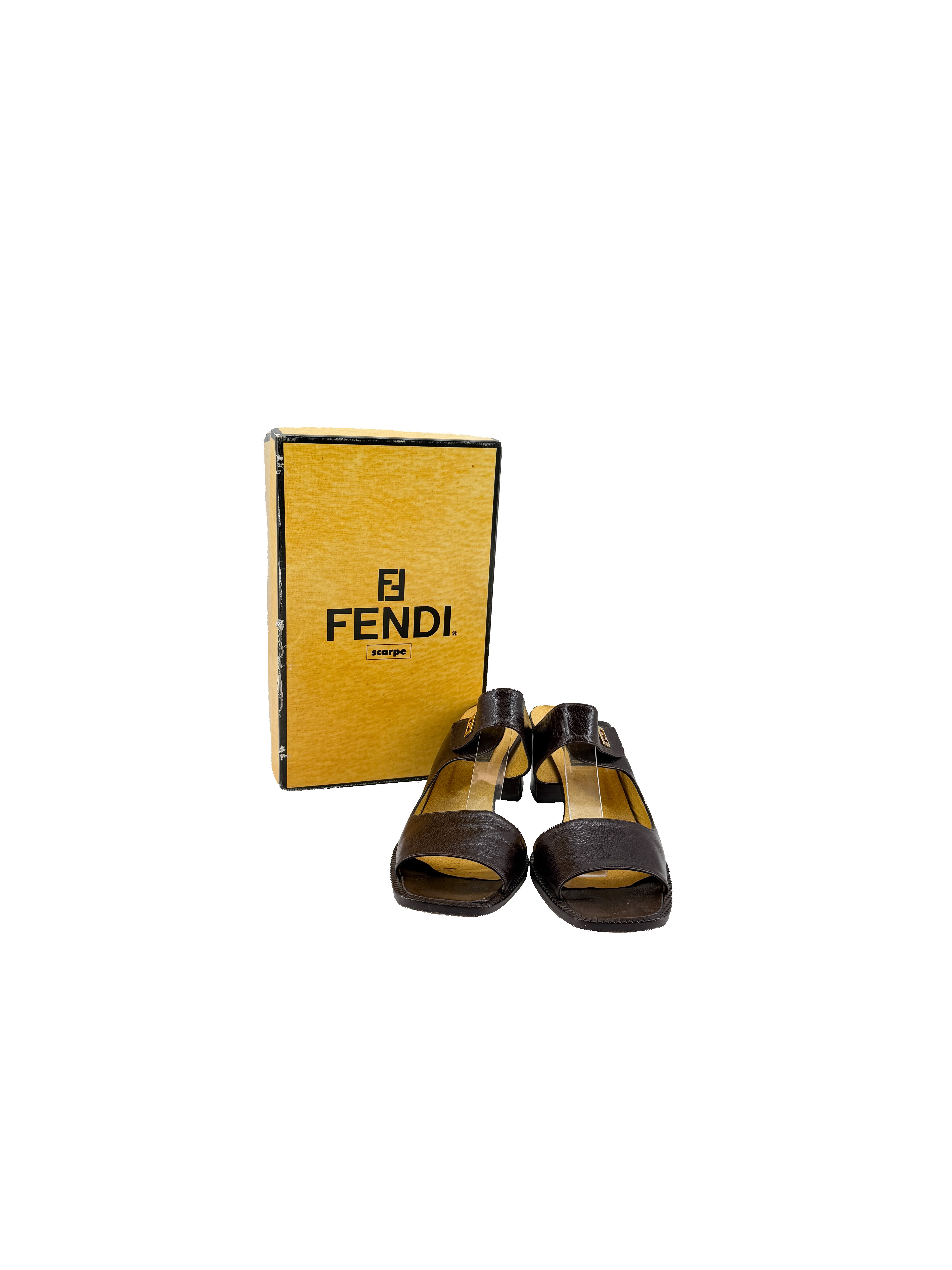 Fendi vintage dark brown heeled sandals size 8.5 BOX