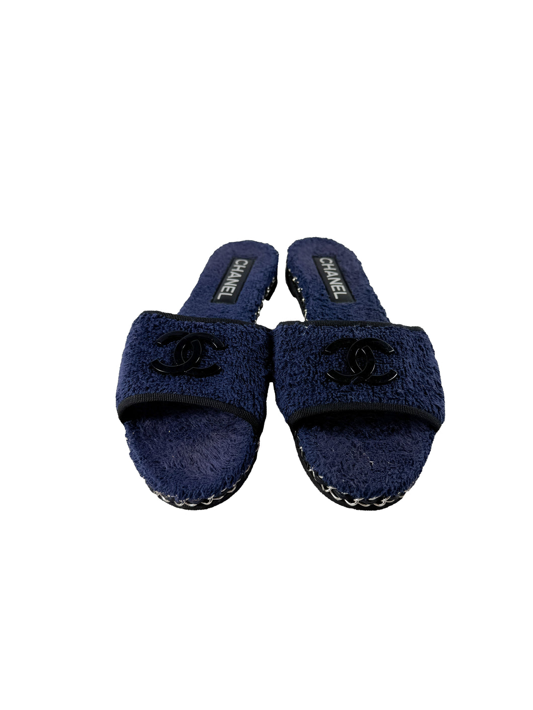 Chanel navy black terry cloth CC slides size 38