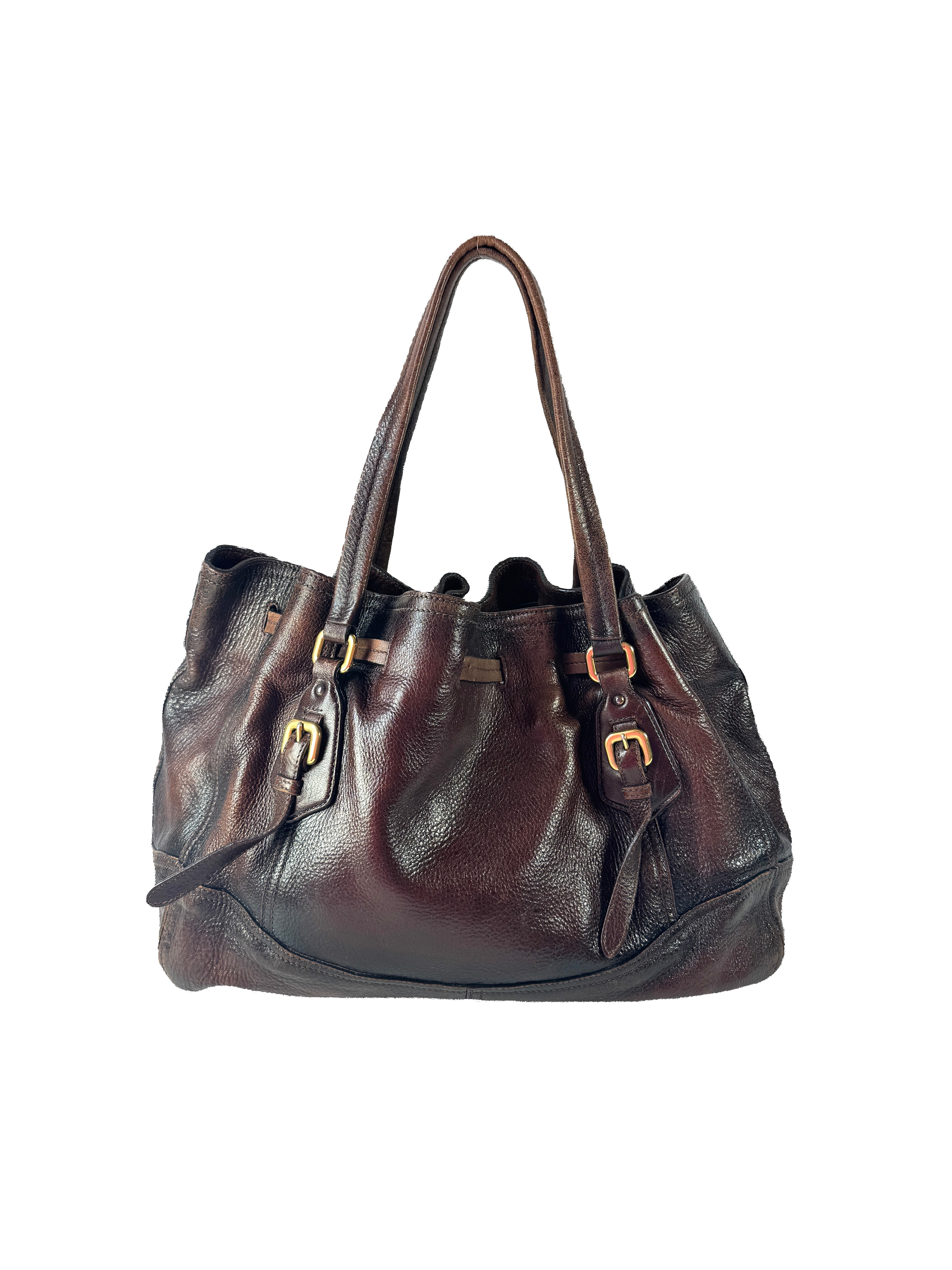 Prada brown leather Cervo Antik drawstring bag  T7