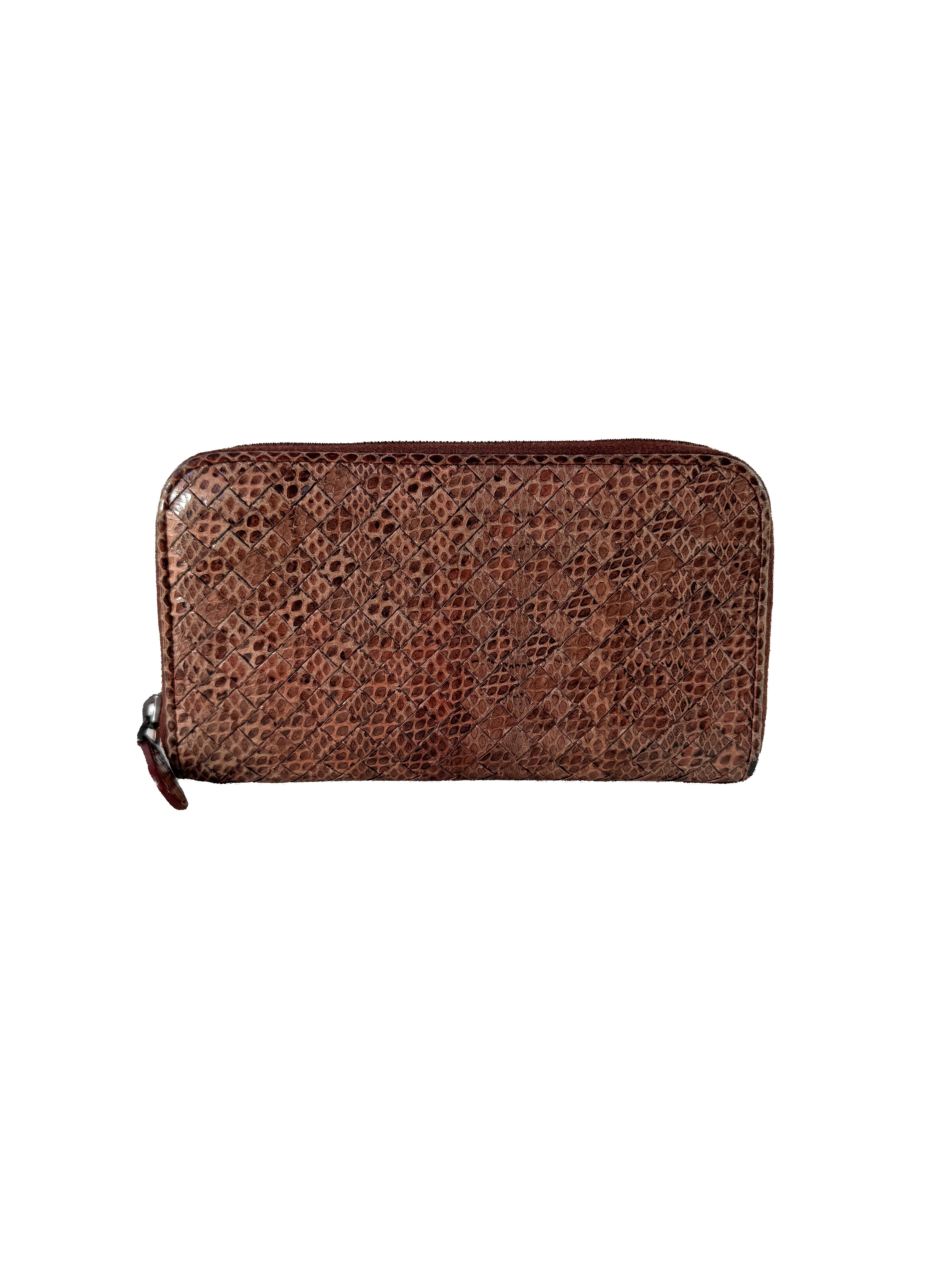 Bottega Veneta burgundy Intrecciato woven zip around wallet