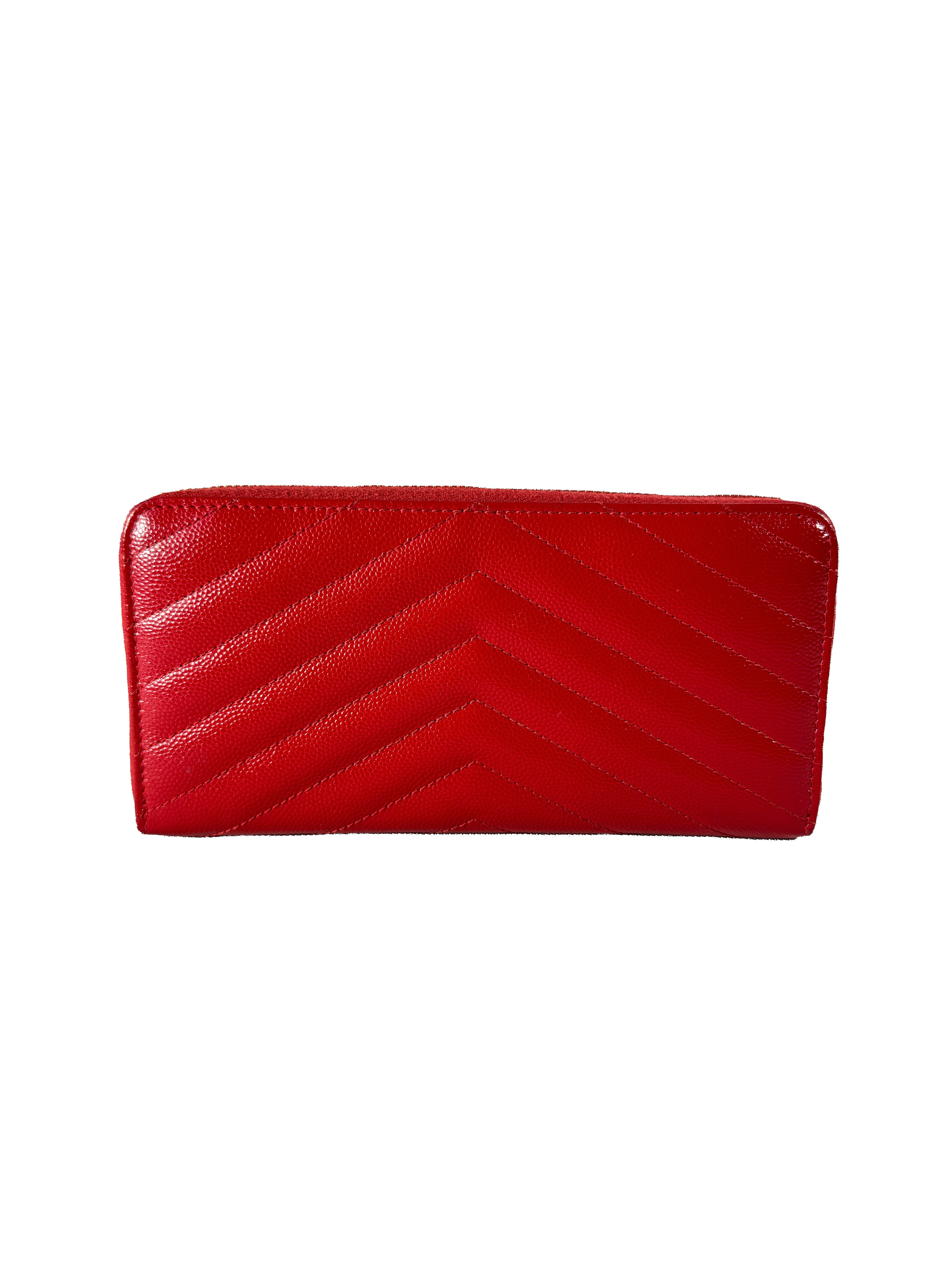 Saint Laurent red grain de poudre matelasse chevon monogram zip around wallet INN3580941118